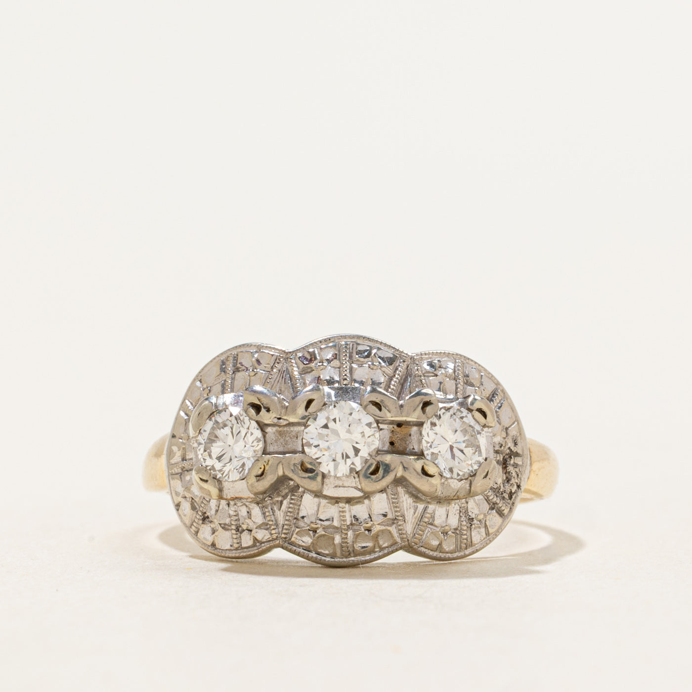 Mid Century Three-Stone Transitional Diamond Engraved Ring | 0.41 ctw | SZ 6.5