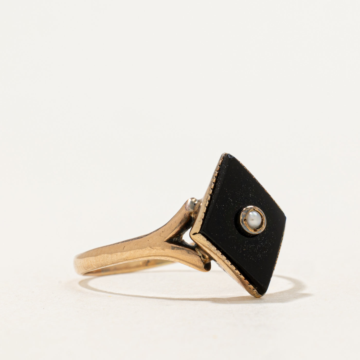 Victorian Rhombus Onyx & Seed Pearl Mourning Ring | 1.5 ct | SZ 7.5