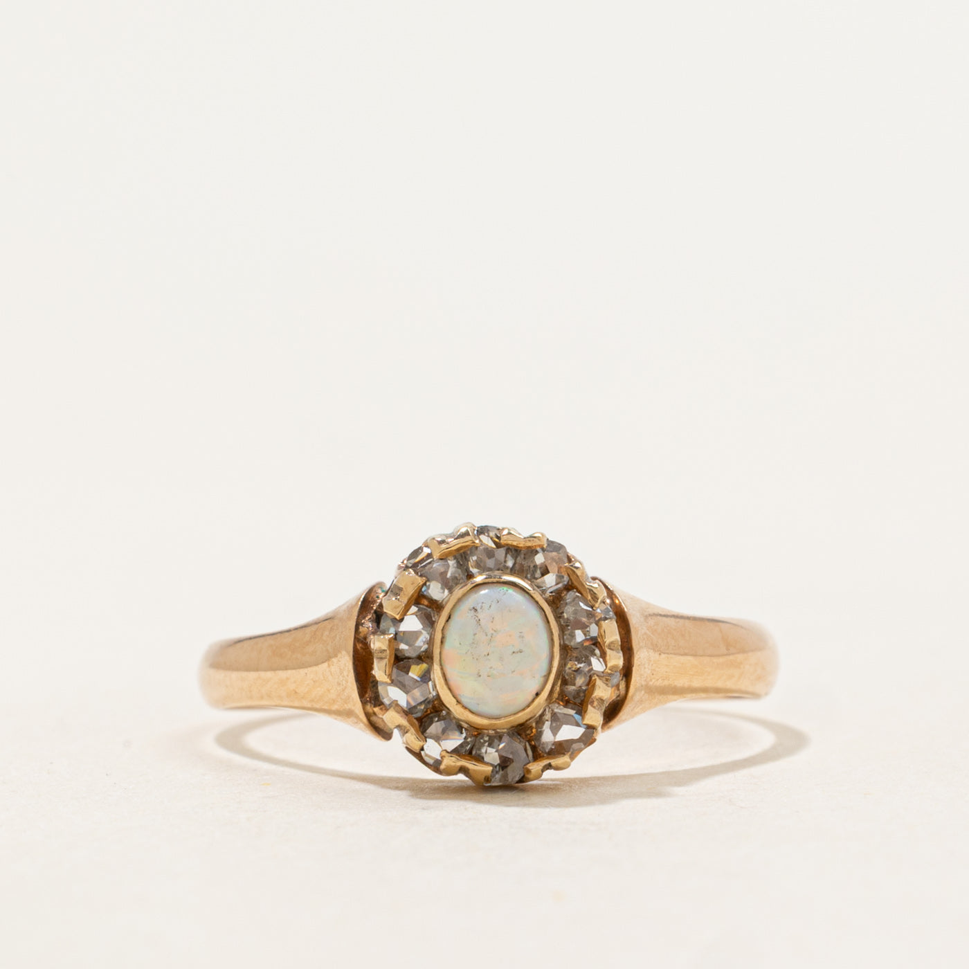 Pseudo Hallmarked Victorian Opal & Rose Cut Diamond Halo Ring | 0.40ctw | SZ 8.25