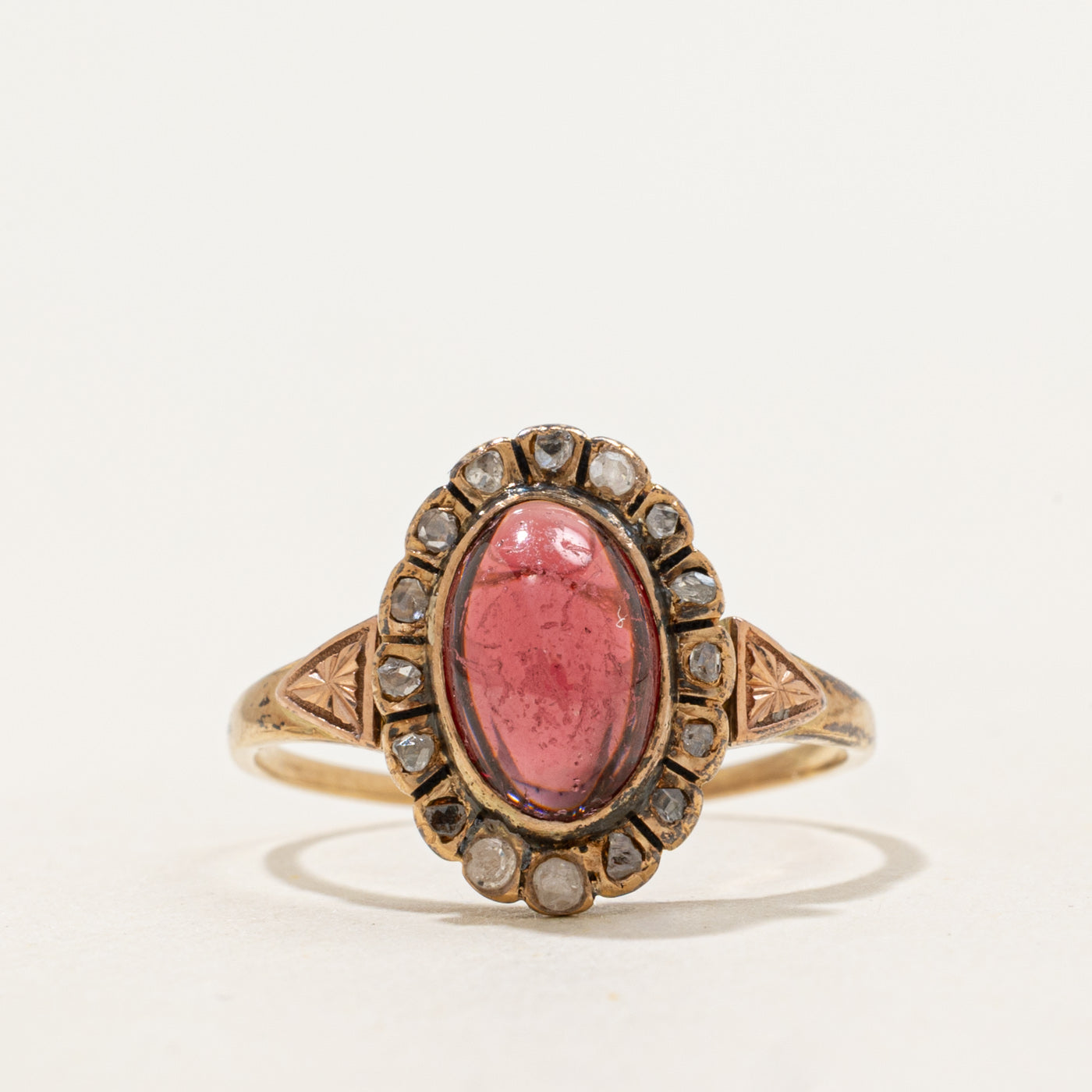 Early Art Deco Cabochon Garnet & Diamond Halo Ring | 2.50ct, 0.12ctw  | SZ 7.5