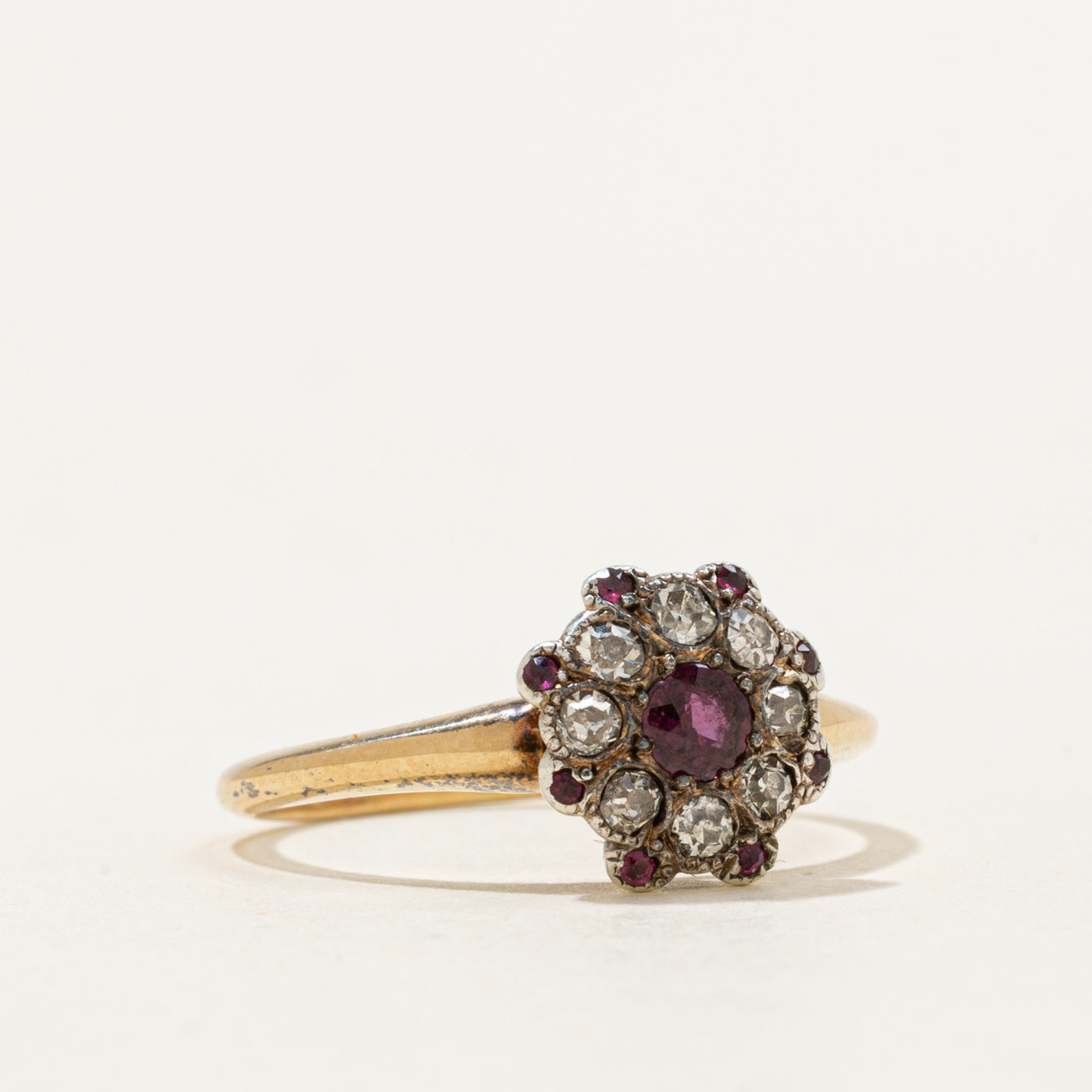 Edwardian Silver Topped Ruby & Diamond Cluster Ring | 0.2 ctw 0.23 ctw | SZ 7.75