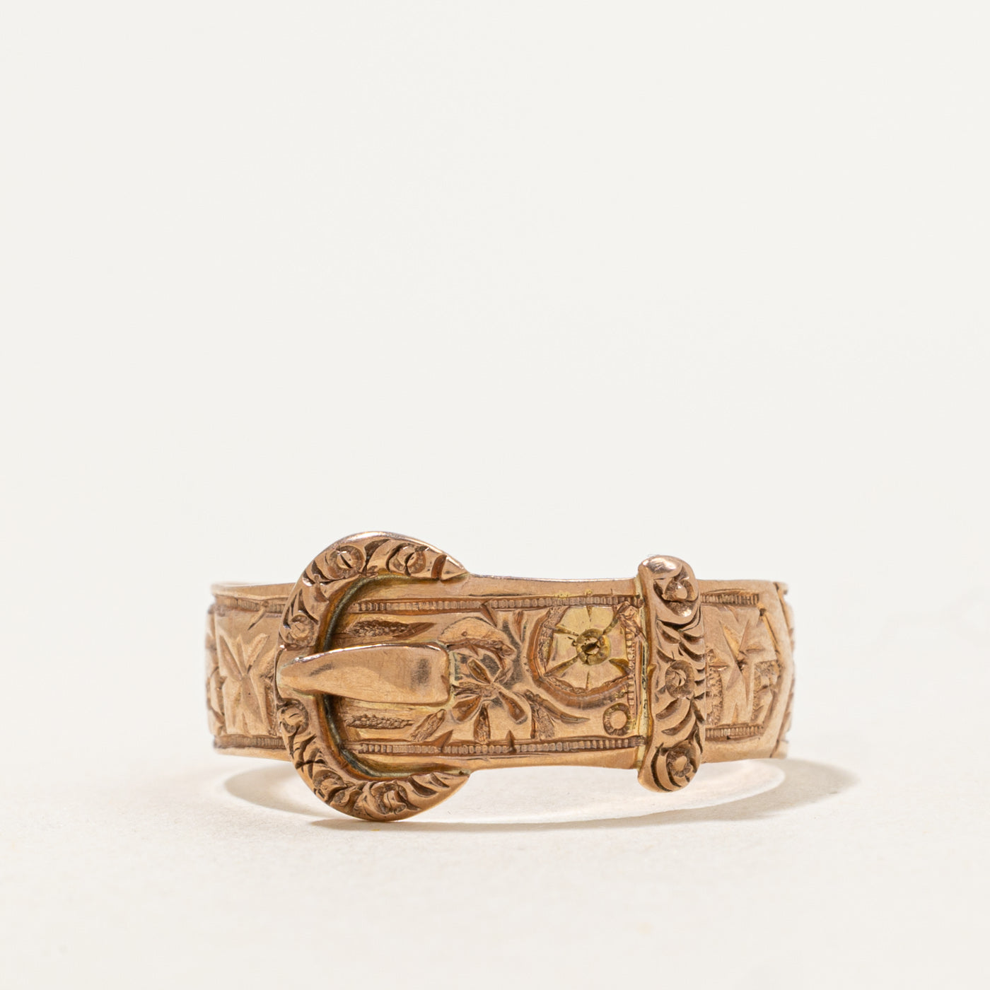 Antique Rose Gold Repoussé Floral Buckle Ring | SZ 11