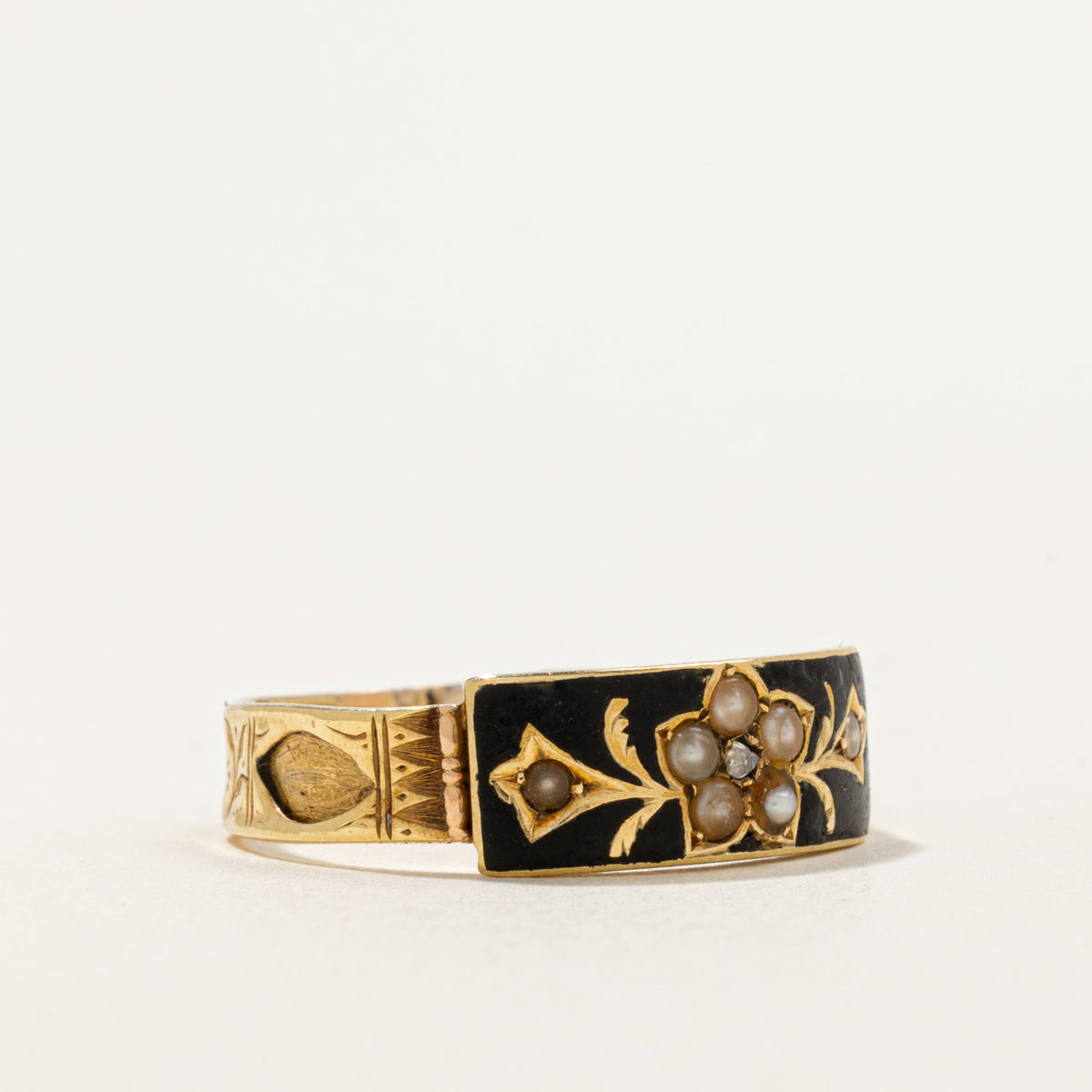 1893 Chester Black Enamel, Seed Pearl & Rose-Cut Diamond Mourning Ring | 0.01ct | SZ 8.75