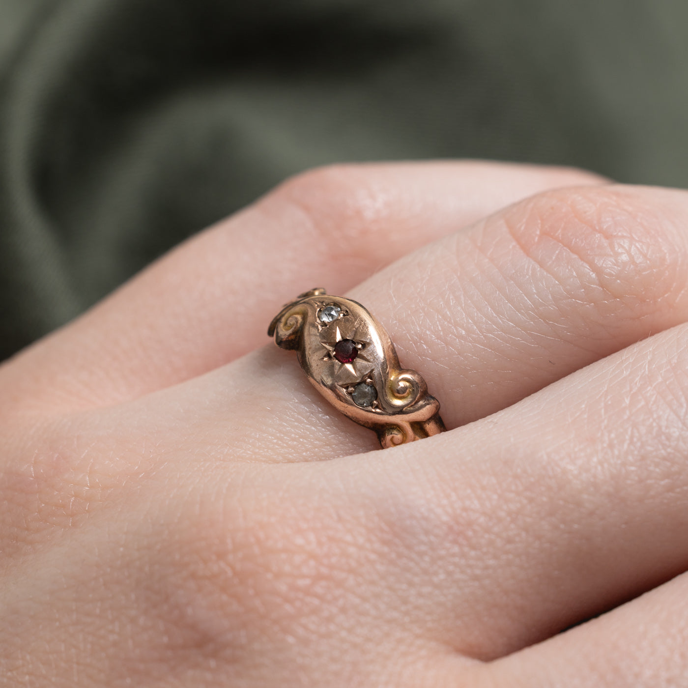 1918 Birmingham Star Set Garnet & Glass Scrollwork Ring | 0.02ctw, 0.01ct |SZ 5.75