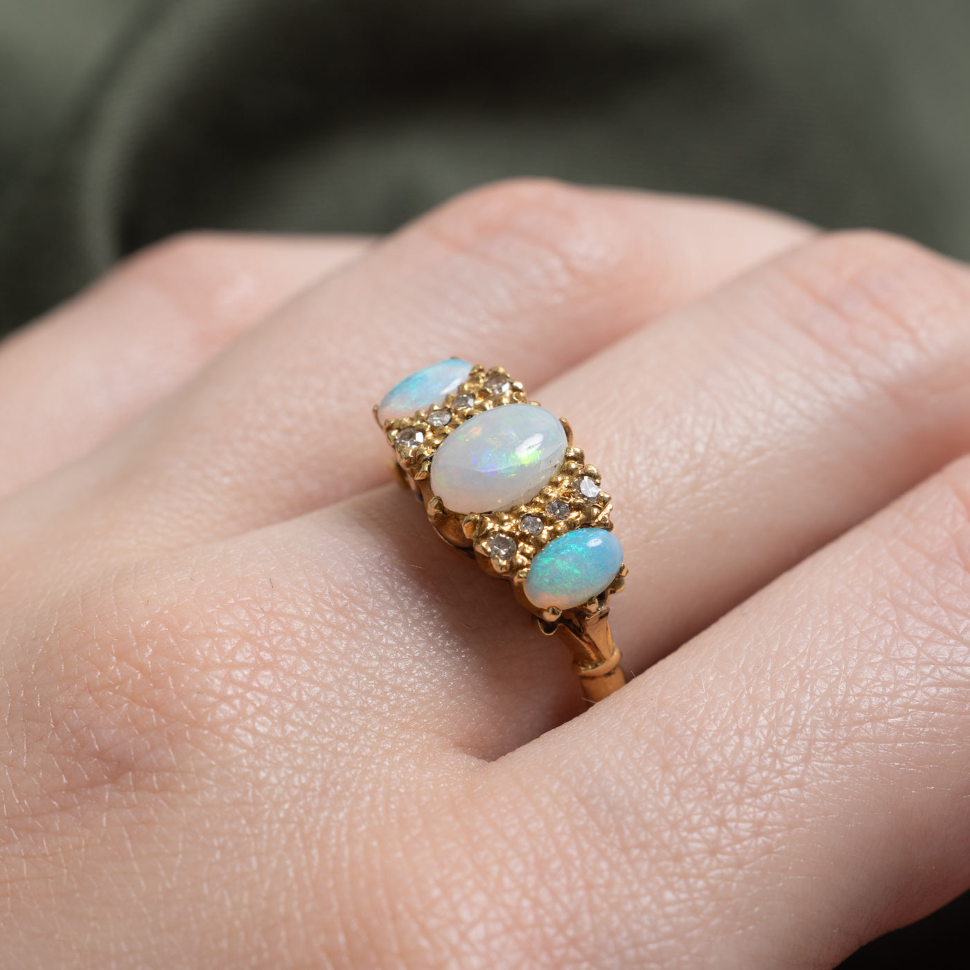 1972 London Three-Stone Opal & Diamond Ring | 1.30ctw, 0.03ctw | SZ 7.25