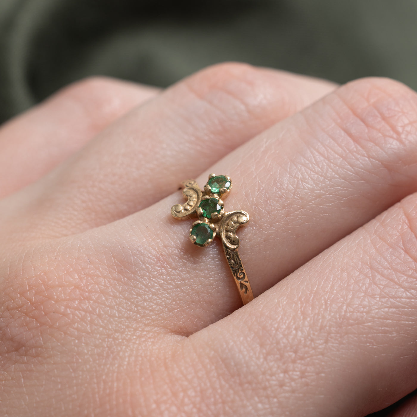 14k Three-Stone Emerald Scroll Shoulders Bypass Ring | 0.14 ctw | SZ 6.5