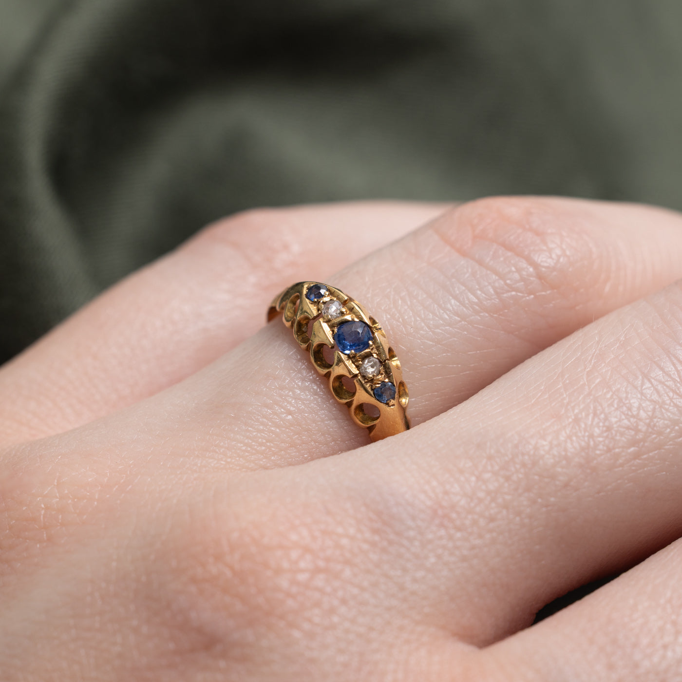 1902 Birmingham Five Stone Sapphire & Rose Cut Diamond Boat Ring