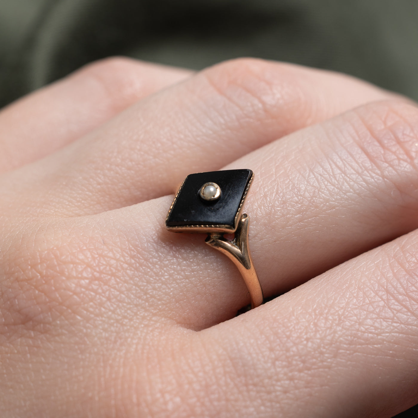 Victorian Rhombus Onyx & Seed Pearl Mourning Ring | 1.5 ct | SZ 7.5