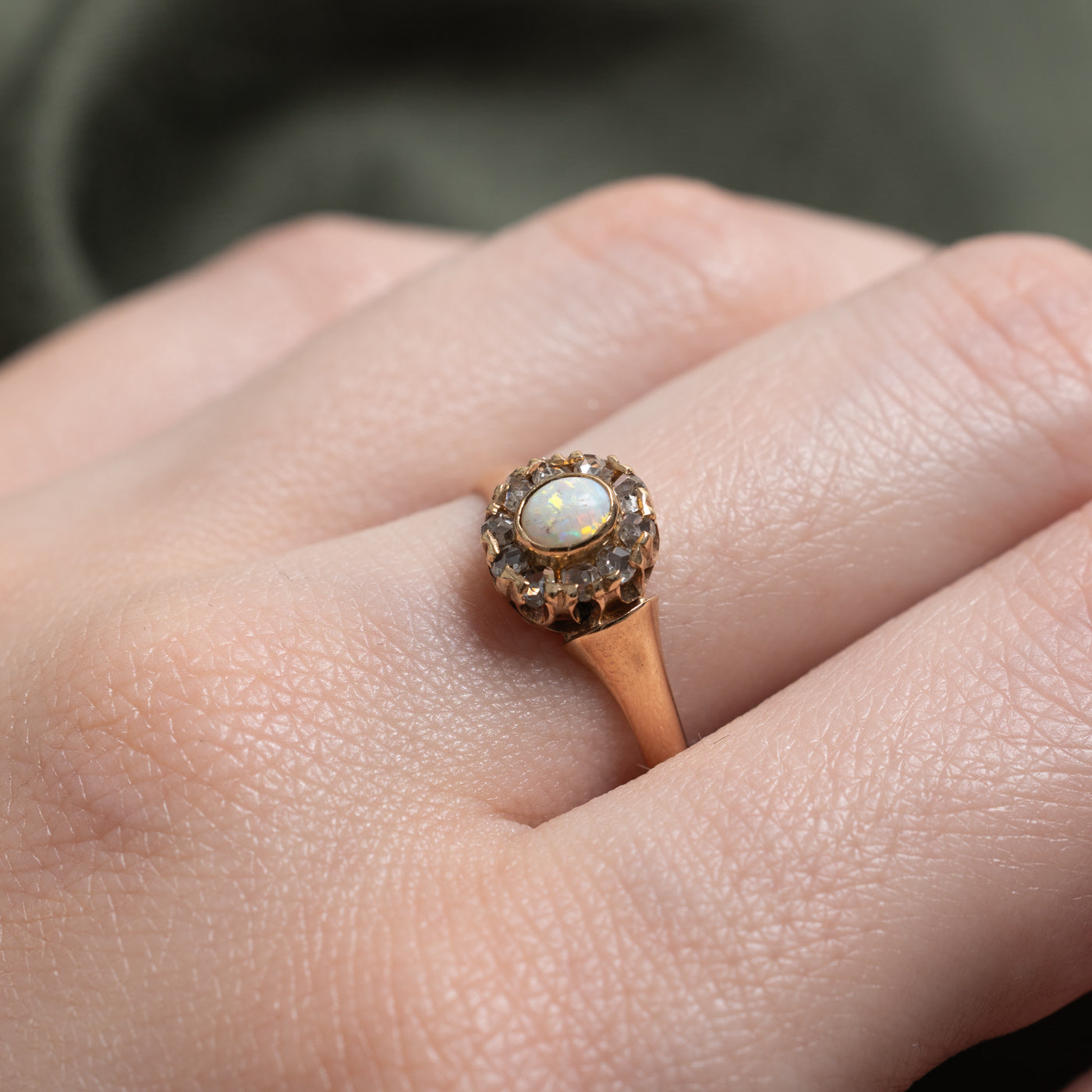 Pseudo Hallmarked Victorian Opal & Rose Cut Diamond Halo Ring | 0.40ctw | SZ 8.25