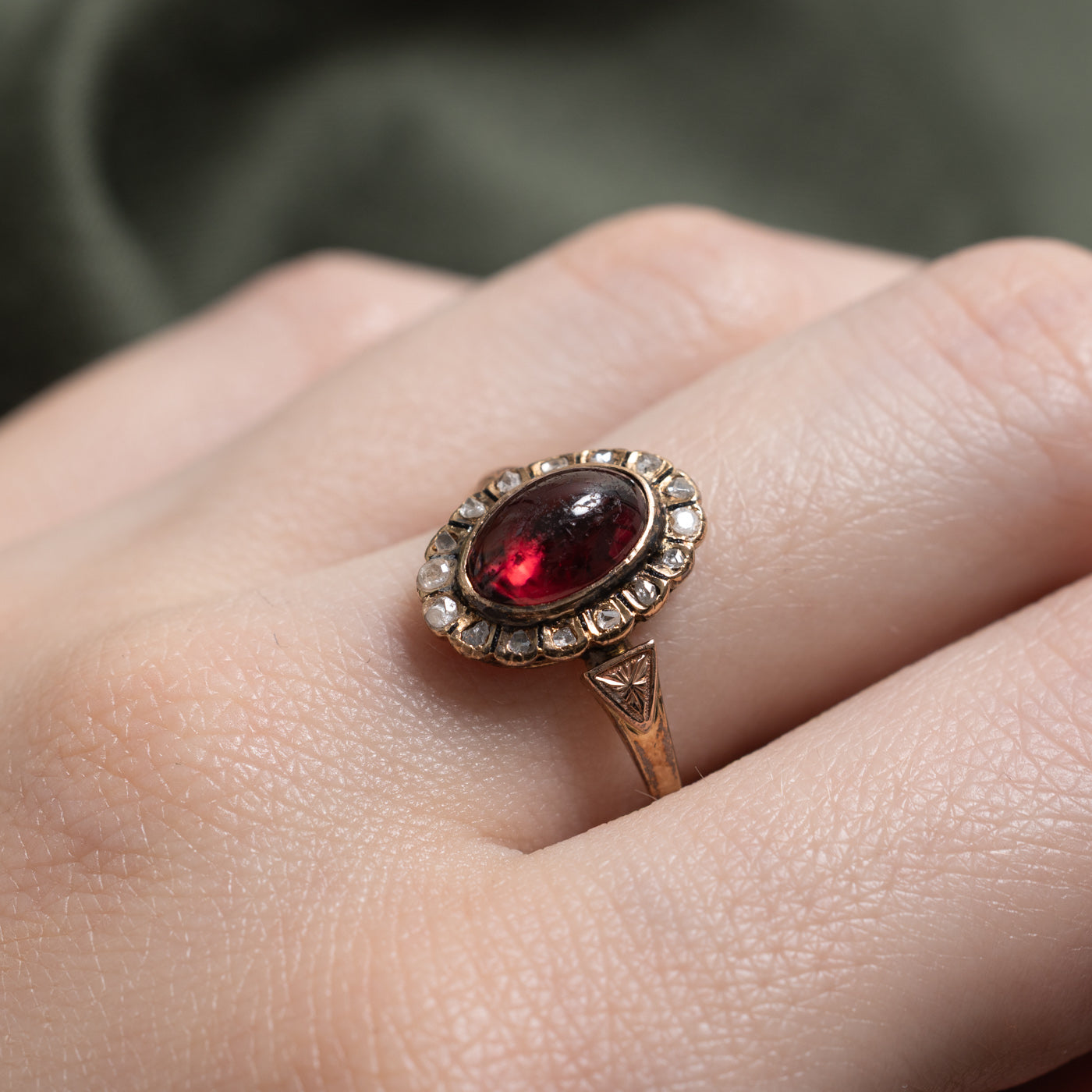 Early Art Deco Cabochon Garnet & Diamond Halo Ring | 2.50ct, 0.12ctw  | SZ 7.5