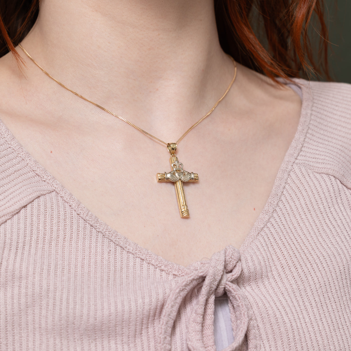14k Two Tone Claddagh Cross Pendant