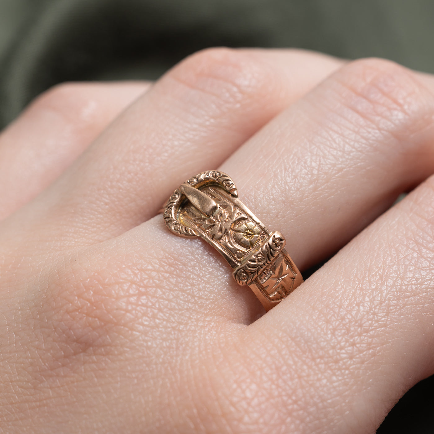 Antique Rose Gold Repoussé Floral Buckle Ring | SZ 11