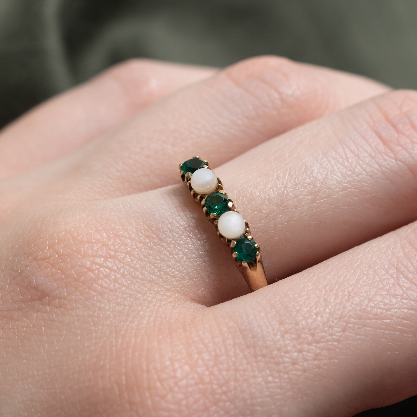 10k Five Stone Pearl & Green Glass Ring | 0.5ctw | SZ 7.75