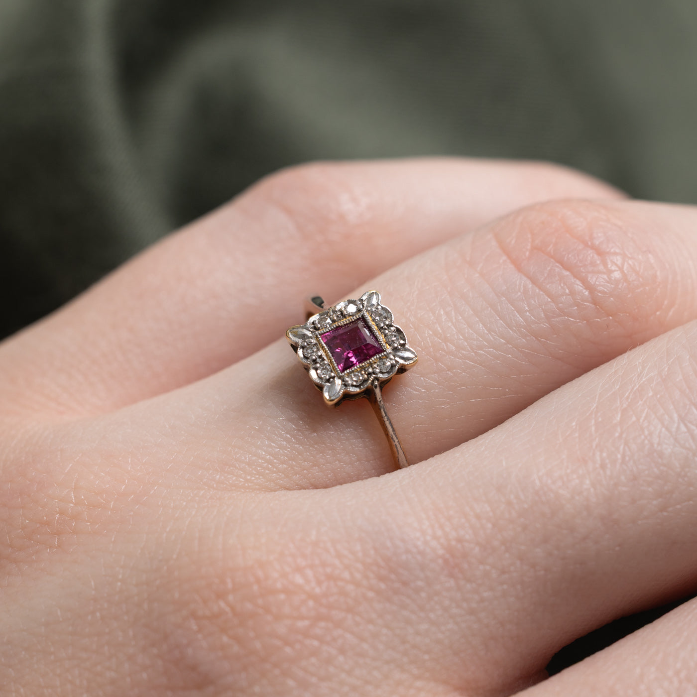 Art Deco Platinum Topped Synthetic Ruby & Diamond Halo Ring | 0.24ct, 0.04ctw | SZ 5.5