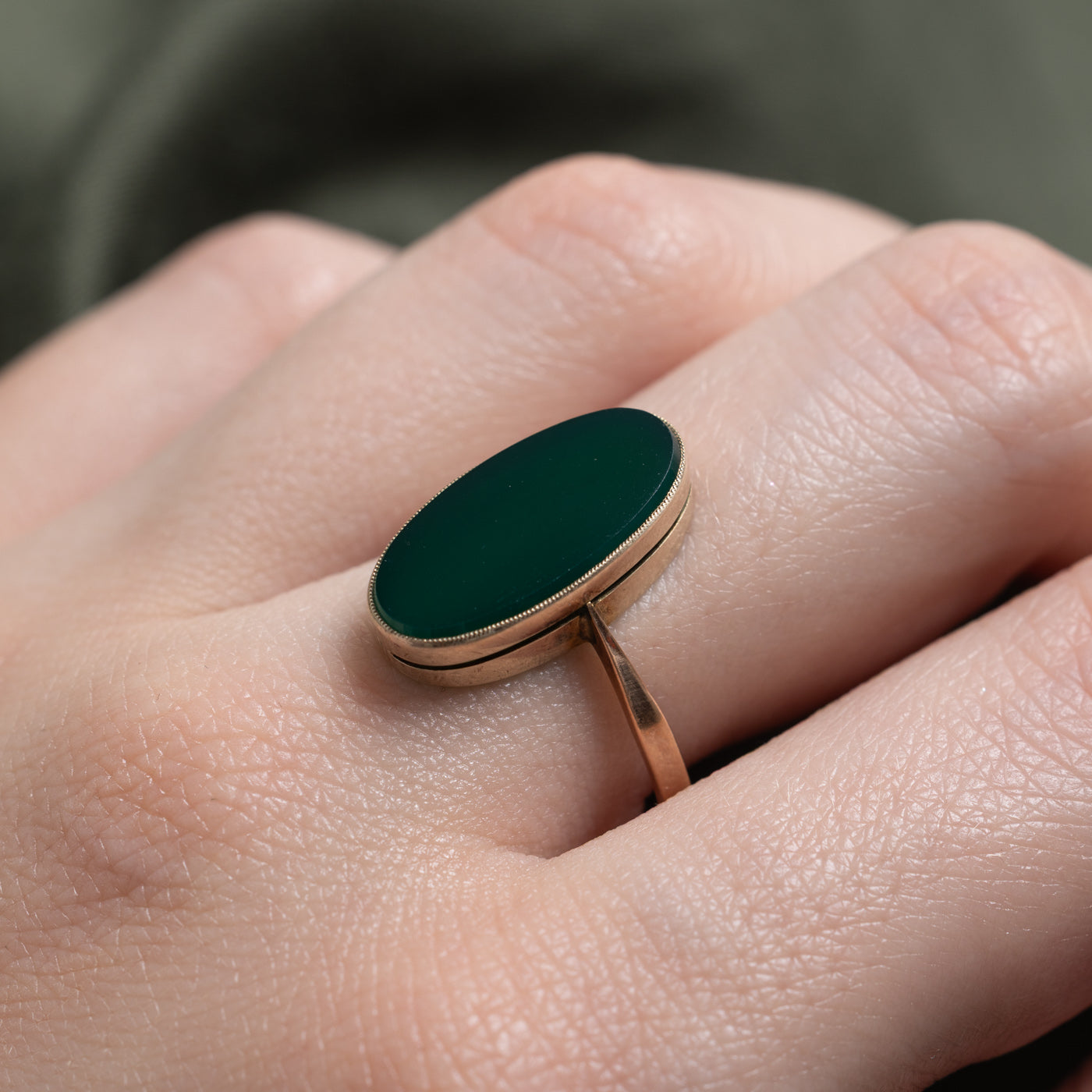 Antique Oval Cabochon Green Chalcedony Nanette Ring | 2.2 ct |  SZ 9.25