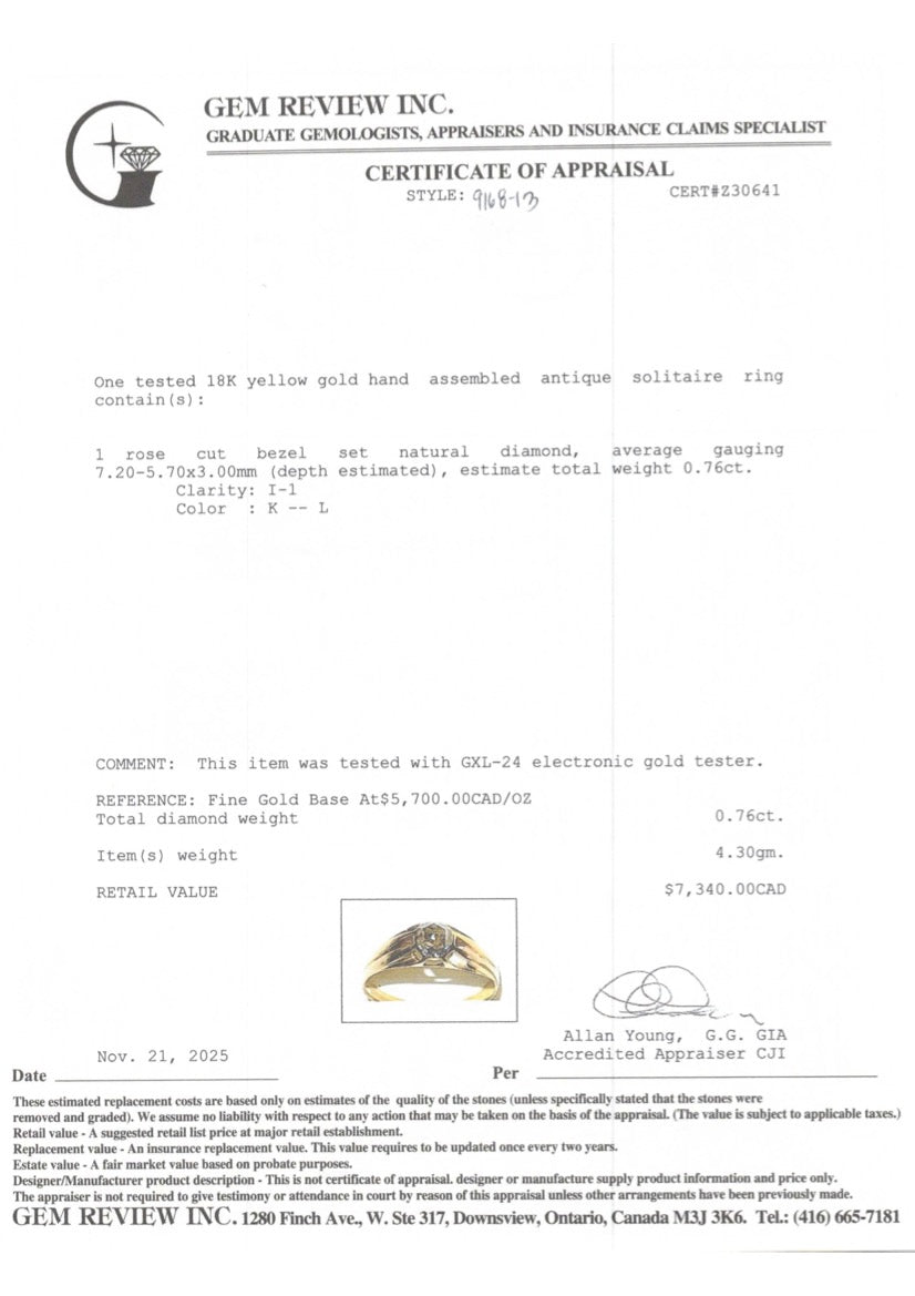 Egyptian Hallmarked Rose Cut Diamond Ring | 0.76ct I1 K/L | SZ 12.25
