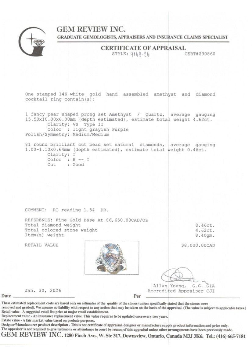 14k Pear Cut Amethyst & Diamond Halo Cocktail Ring | 4.62ct, 0.46ctw | SZ 7.25