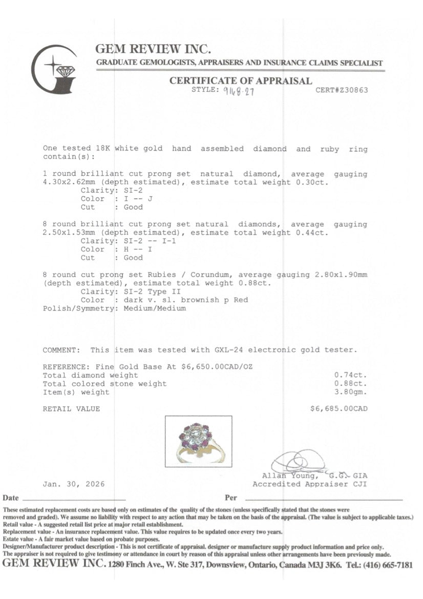 18k Ruby & Diamond Petal Cluster Ring | 0.88ctw, 0.44ctw | SZ 7.5