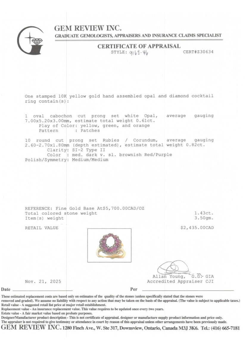 10k Opal & Ruby Floral Halo Ring | 0.82ctw, 0.61ct | SZ 5.75