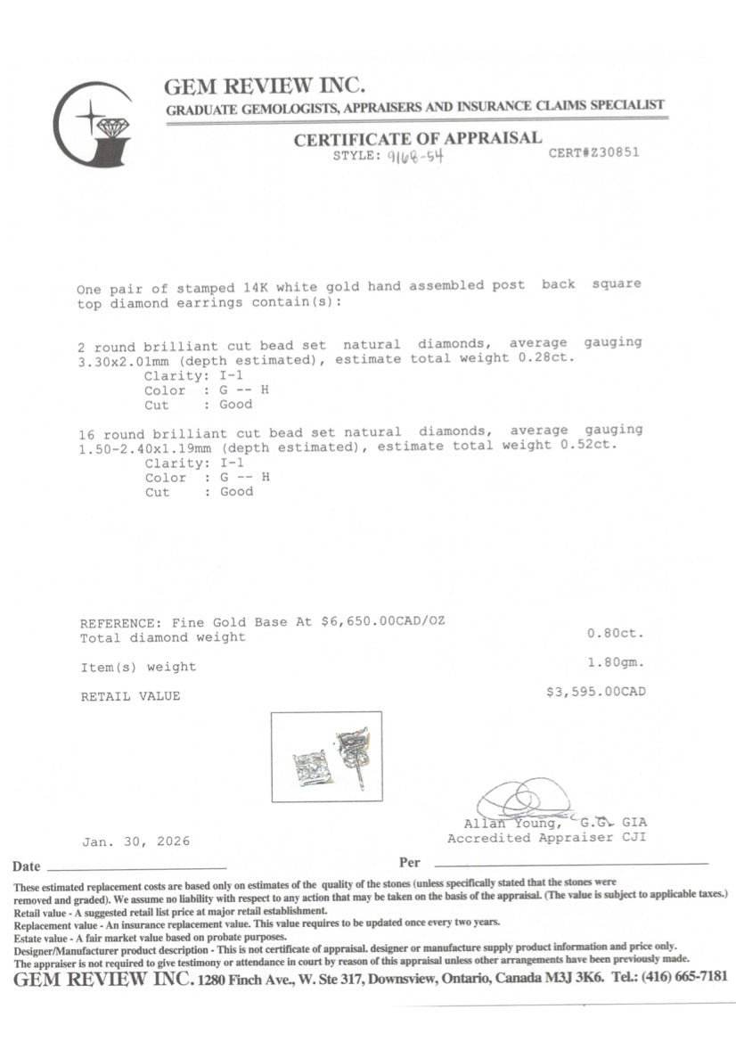 14k Diamond Square Cluster Stud Earrings | 0.80ctw