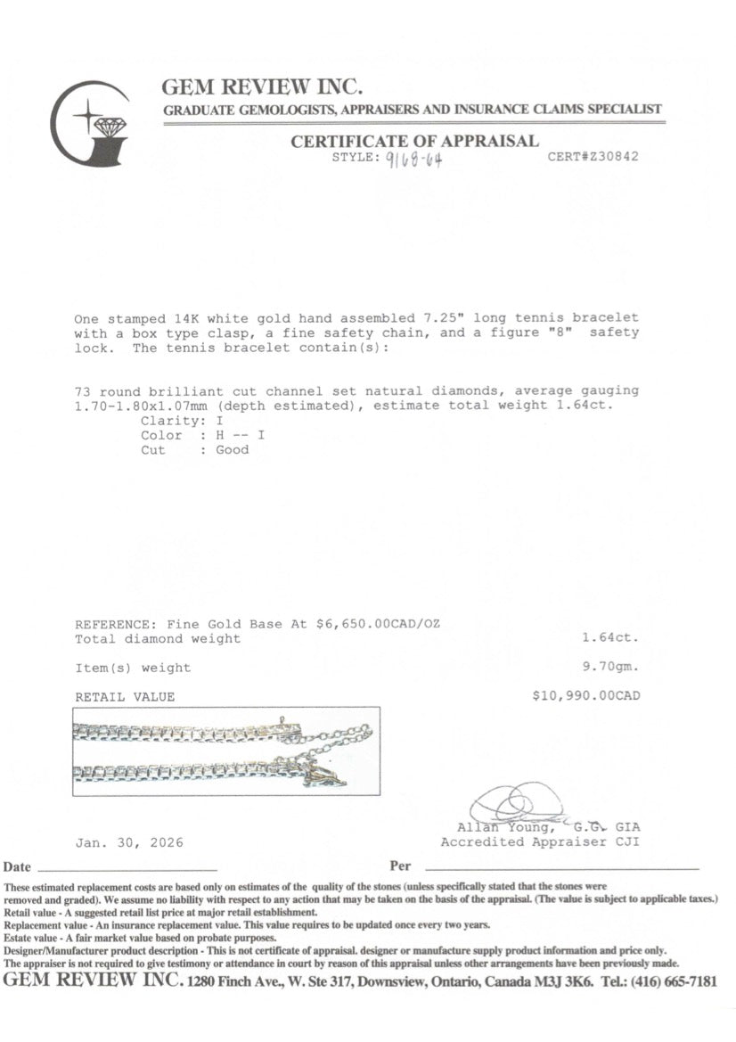 14k Channel Set Diamond Tennis Bracelet | 1.64ctw