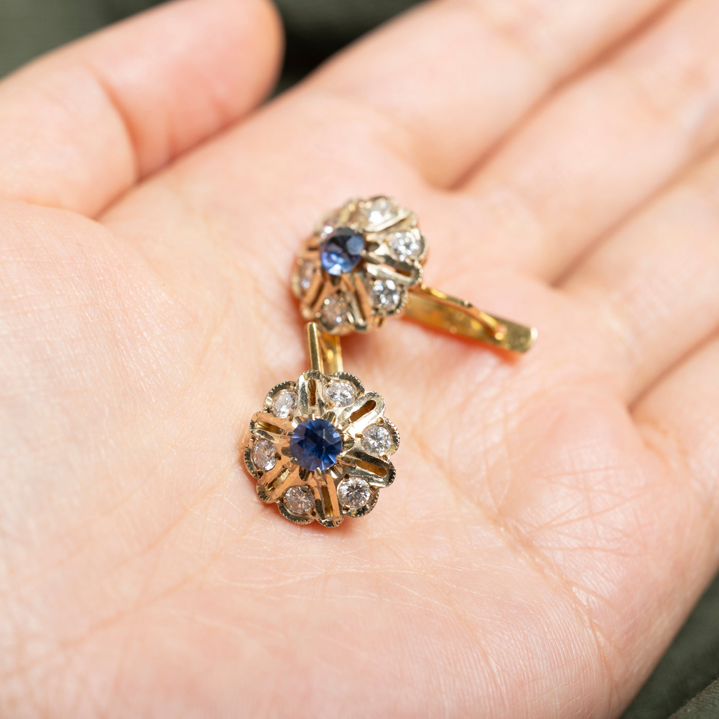1982 Azerbaijani 18k Synthetic Sapphire & Diamond Cluster Earrings | 1.09ctw, 1.14ctw
