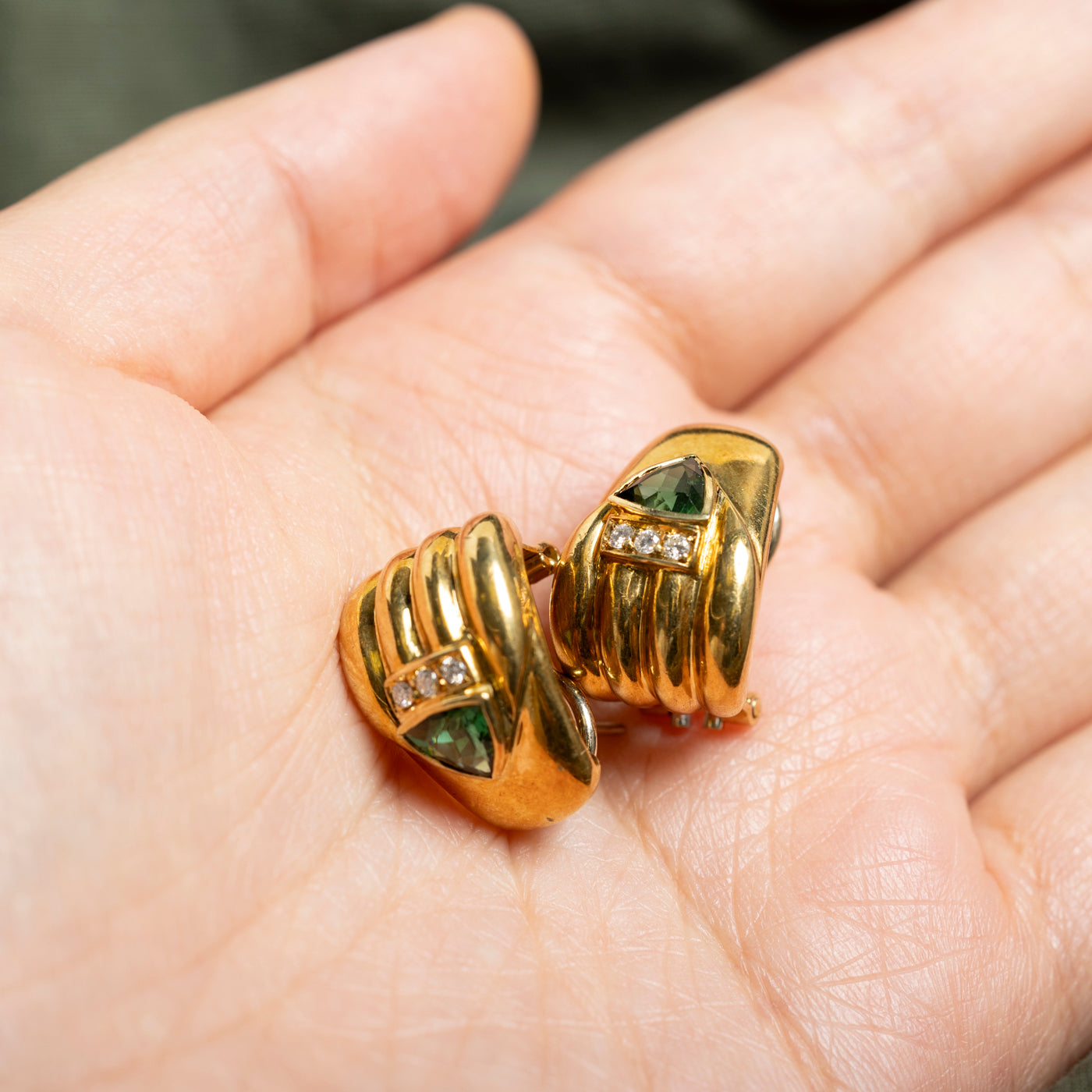 18k Tourmaline & Diamond Grooved Earrings | 1.31ctw, 0.14ctw