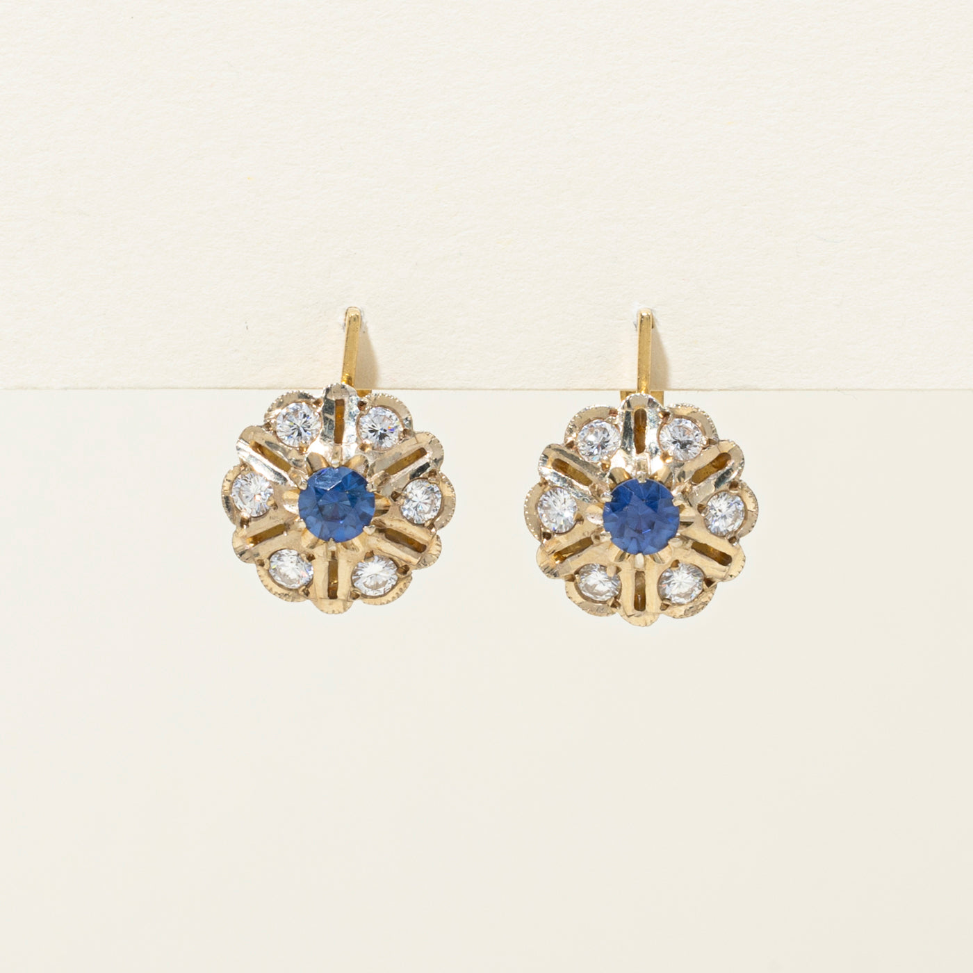 1982 Azerbaijani 18k Synthetic Sapphire & Diamond Cluster Earrings | 1.09ctw, 1.14ctw