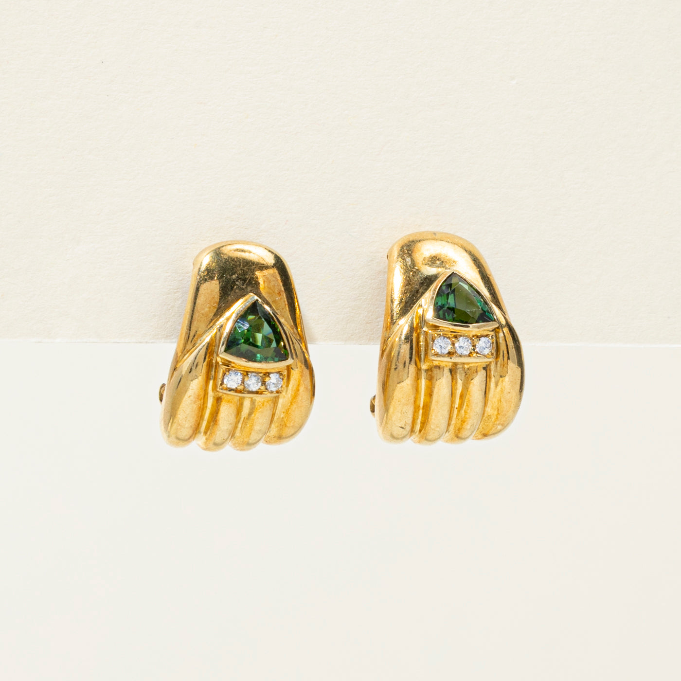18k Tourmaline & Diamond Grooved Earrings | 1.31ctw, 0.14ctw