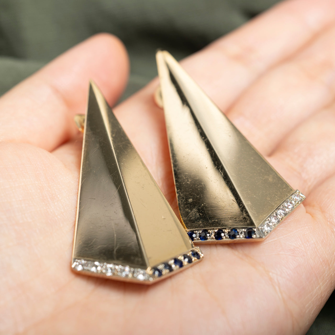 14k Sapphire & Diamond Geometric Triangle Drop Earrings | 0.43ctw, 0.69ctw