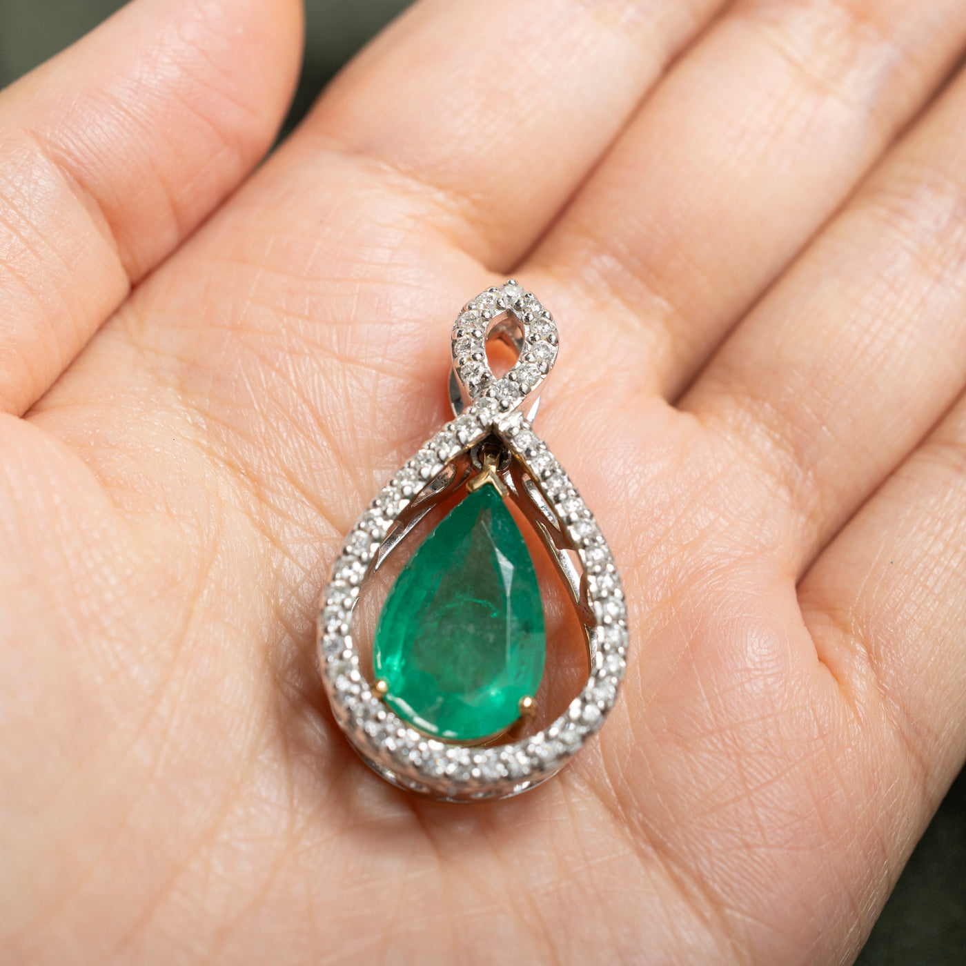 14k Pear Cut Emerald & Diamond Open Halo Pendant | 7.79ct, 0.90ctw