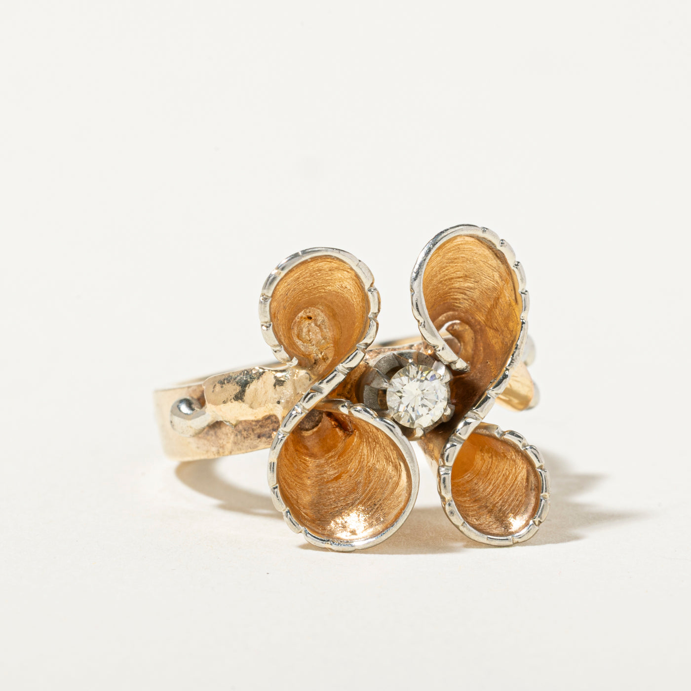 14k Solitaire Diamond Floral Swirl Cocktail Ring | 0.15ct | SZ 6.5