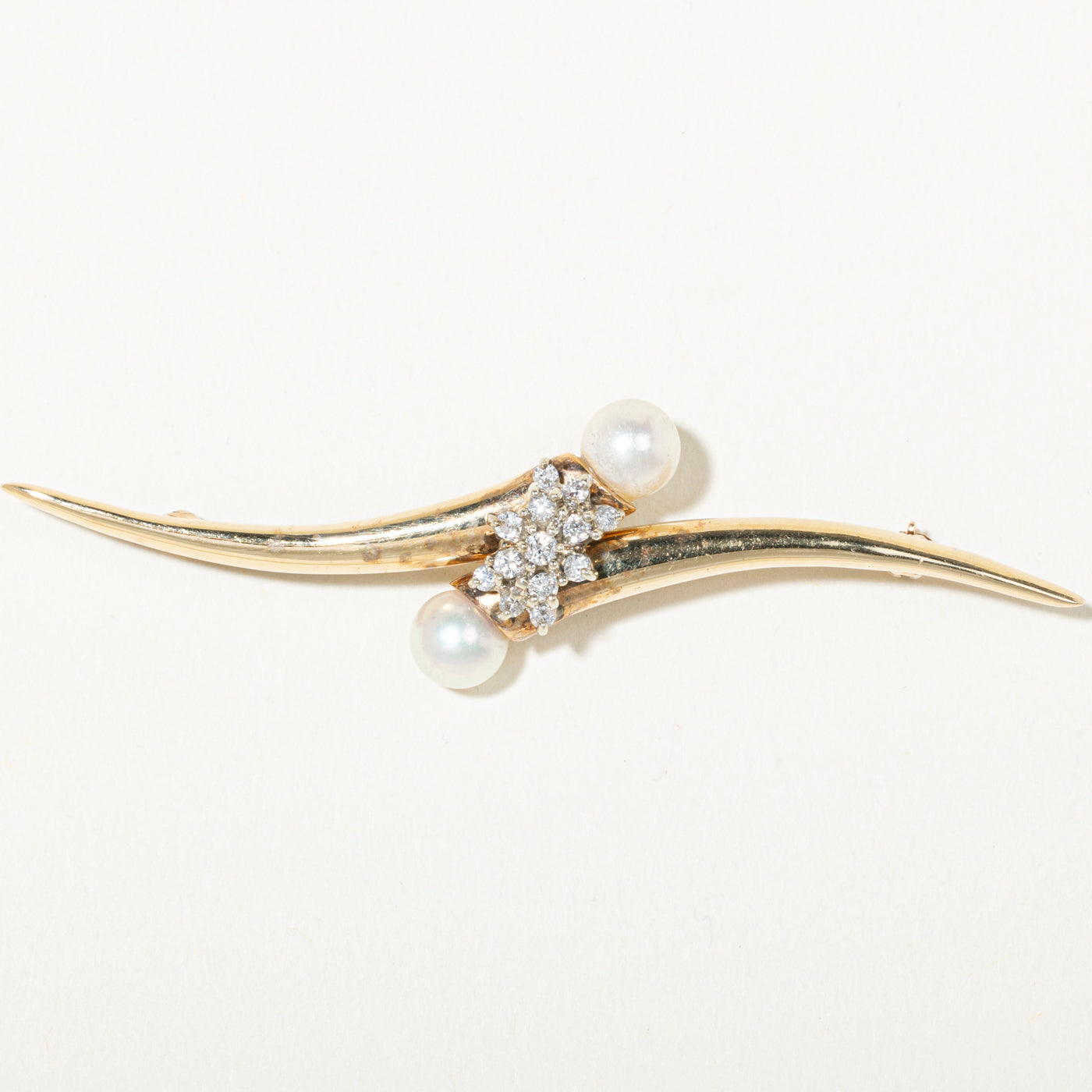 14k Pearl & Diamond Floral Cluster Bypass Brooch | 0.39ctw
