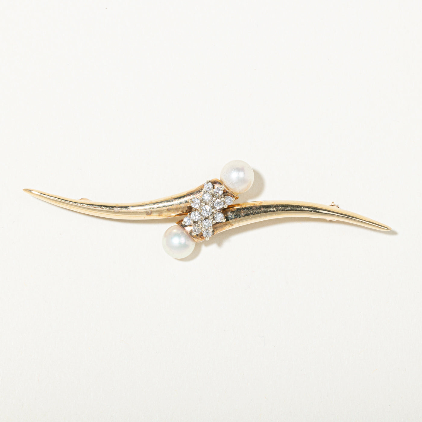 14k Pearl & Diamond Floral Cluster Bypass Brooch | 0.39ctw