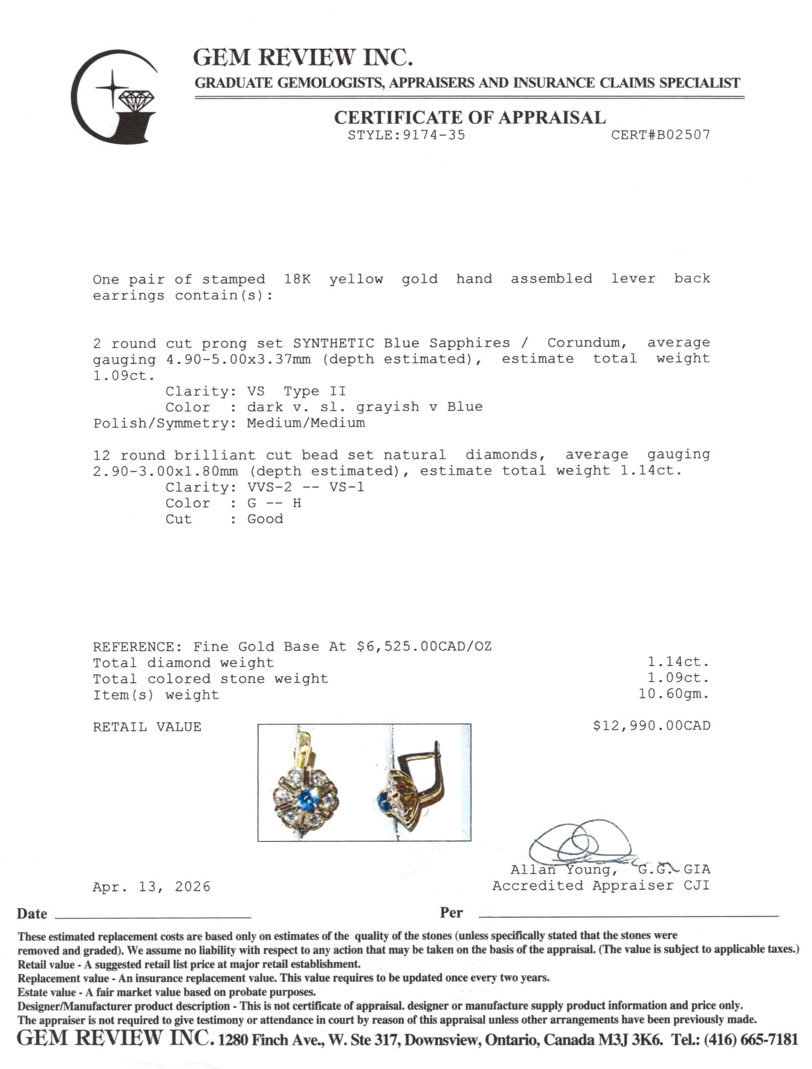 1982 Azerbaijani 18k Synthetic Sapphire & Diamond Cluster Earrings | 1.09ctw, 1.14ctw