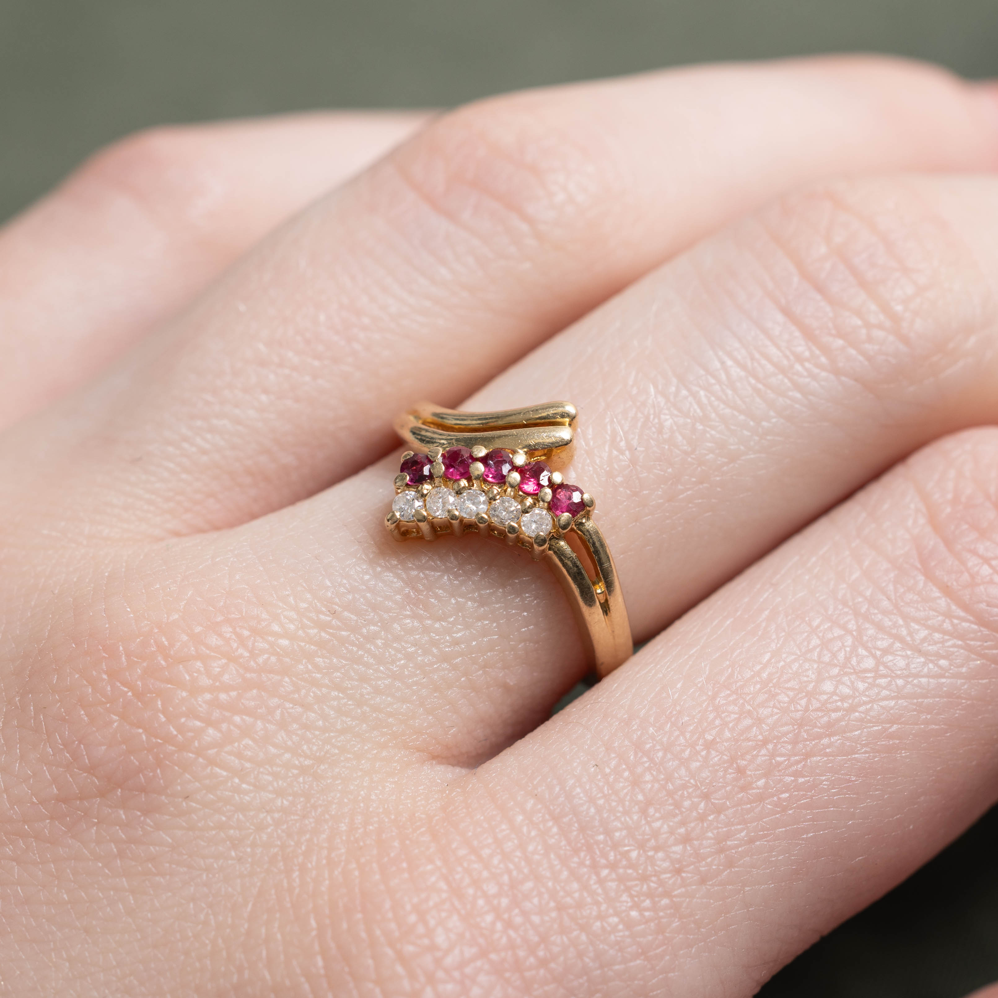 14k Ruby & Diamond Double Row Bypass Ring | SZ 6