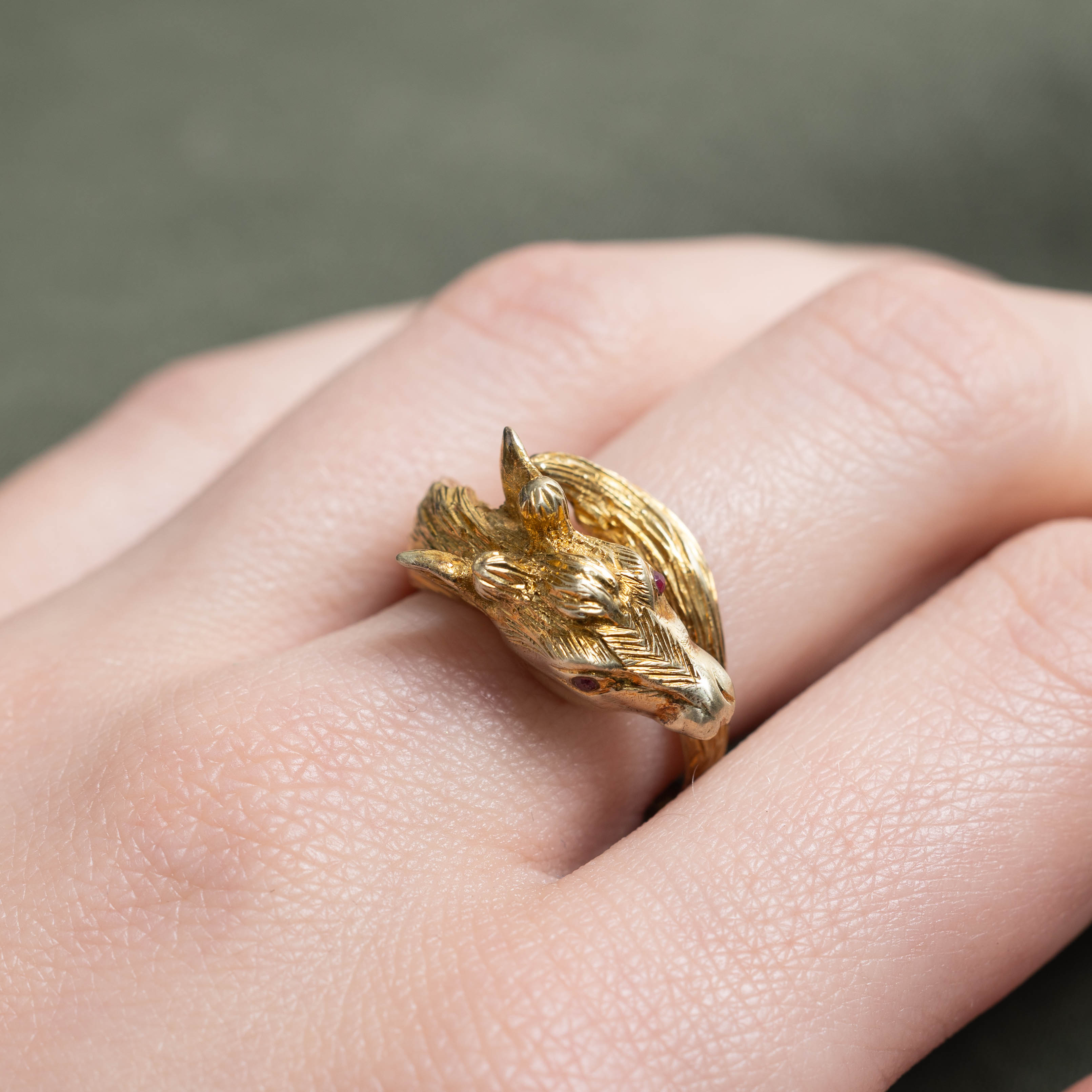 14k Synthetic Ruby Horse Head Bypass Ring | SZ 6