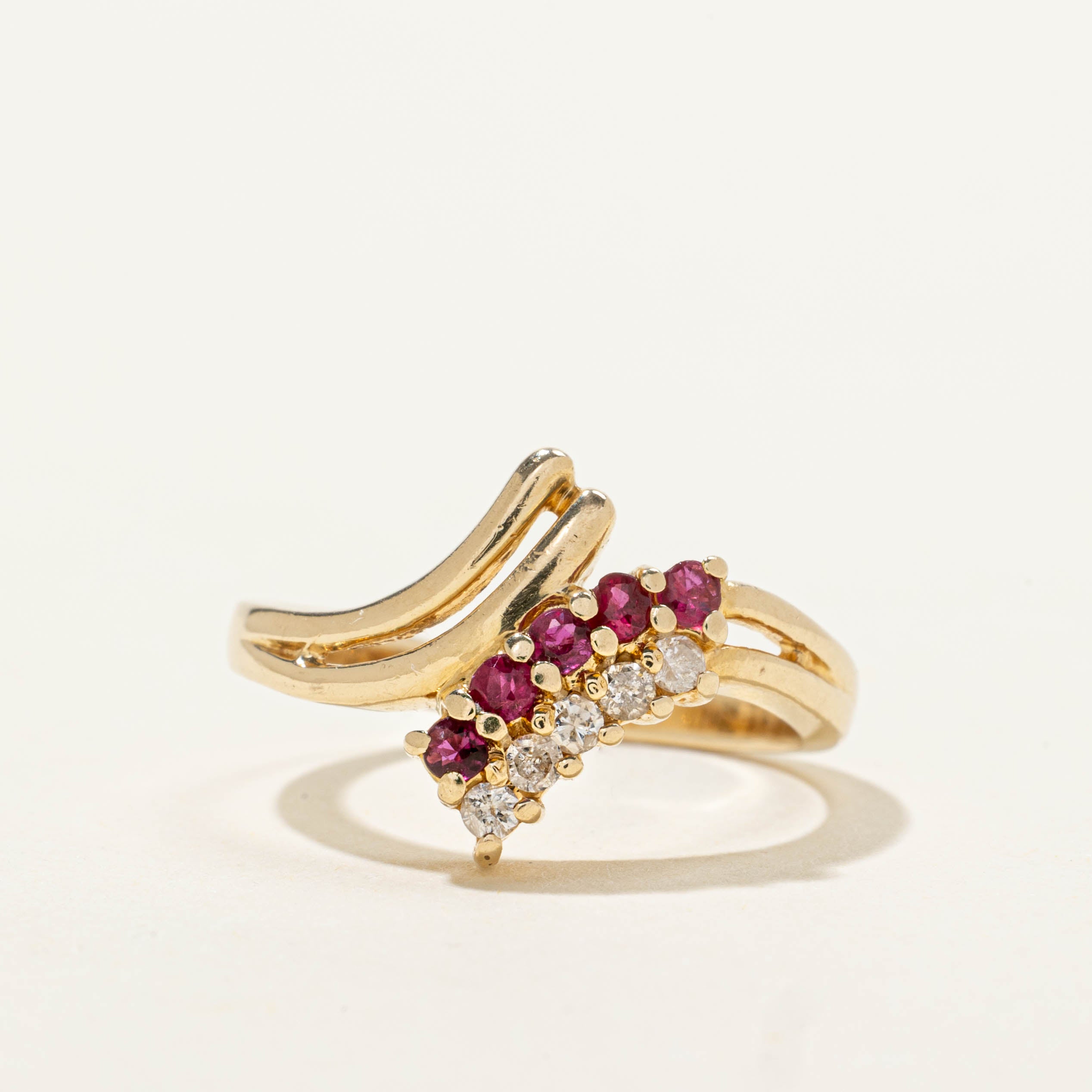 14k Ruby & Diamond Double Row Bypass Ring | SZ 6
