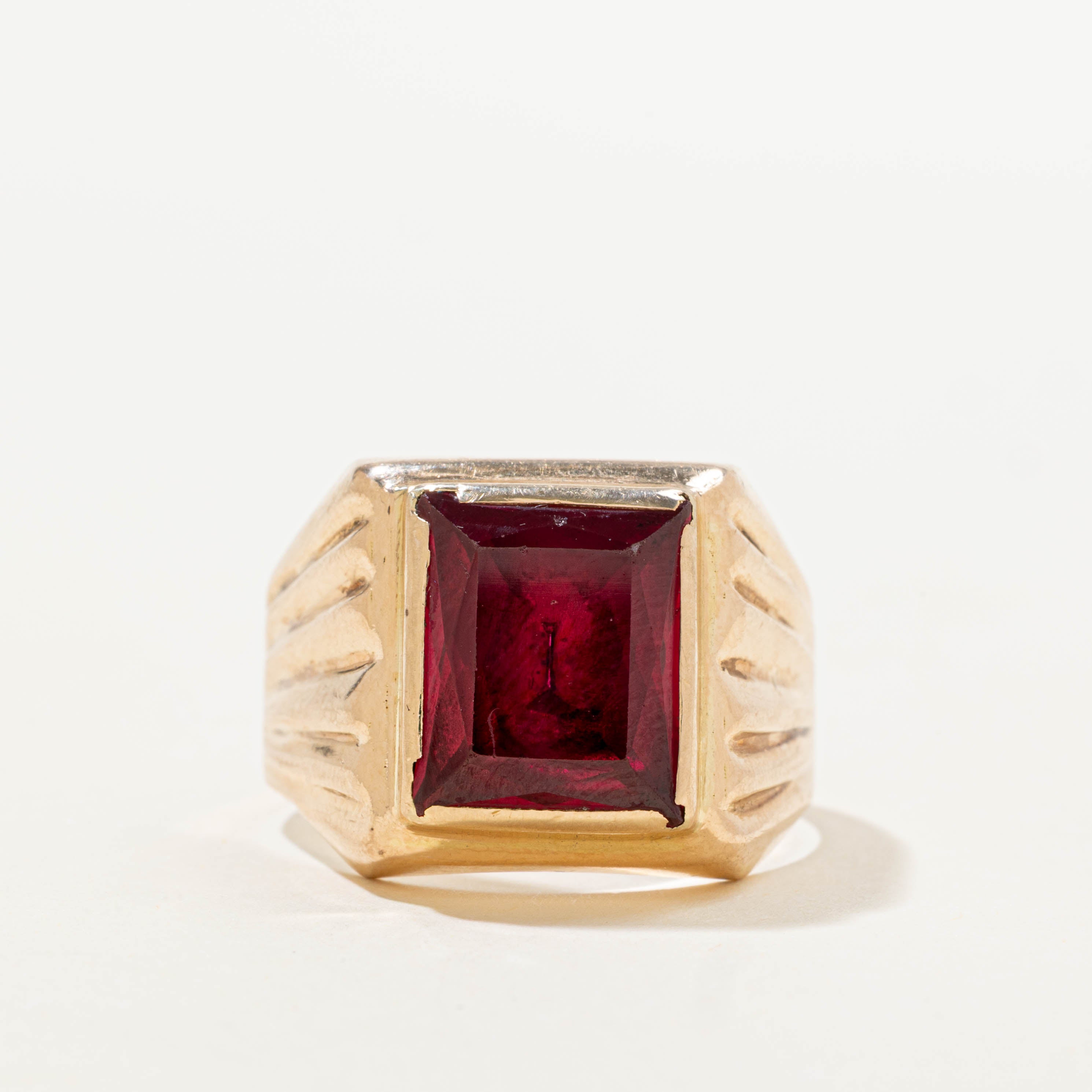 Vintage Lebanese 14k Synthetic Ruby Grooved Signet Ring | SZ 10