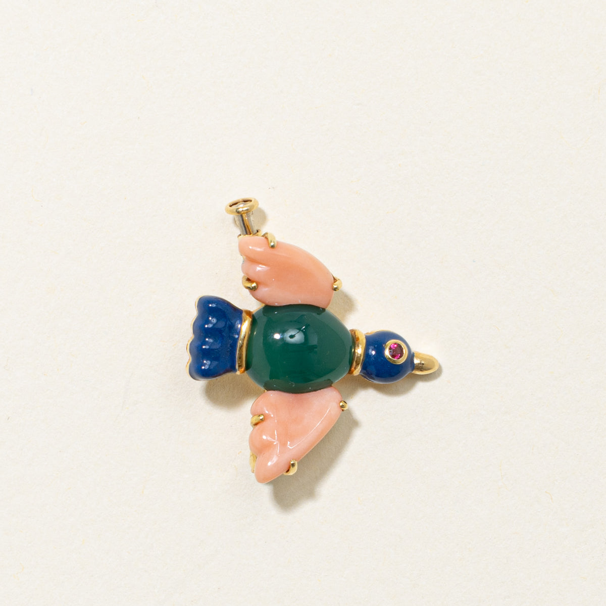 'Cartier' Vintage 1991 18k Chrysoprase, Enamel, Coral & Ruby Bird Brooch Pin | 3.11ctw