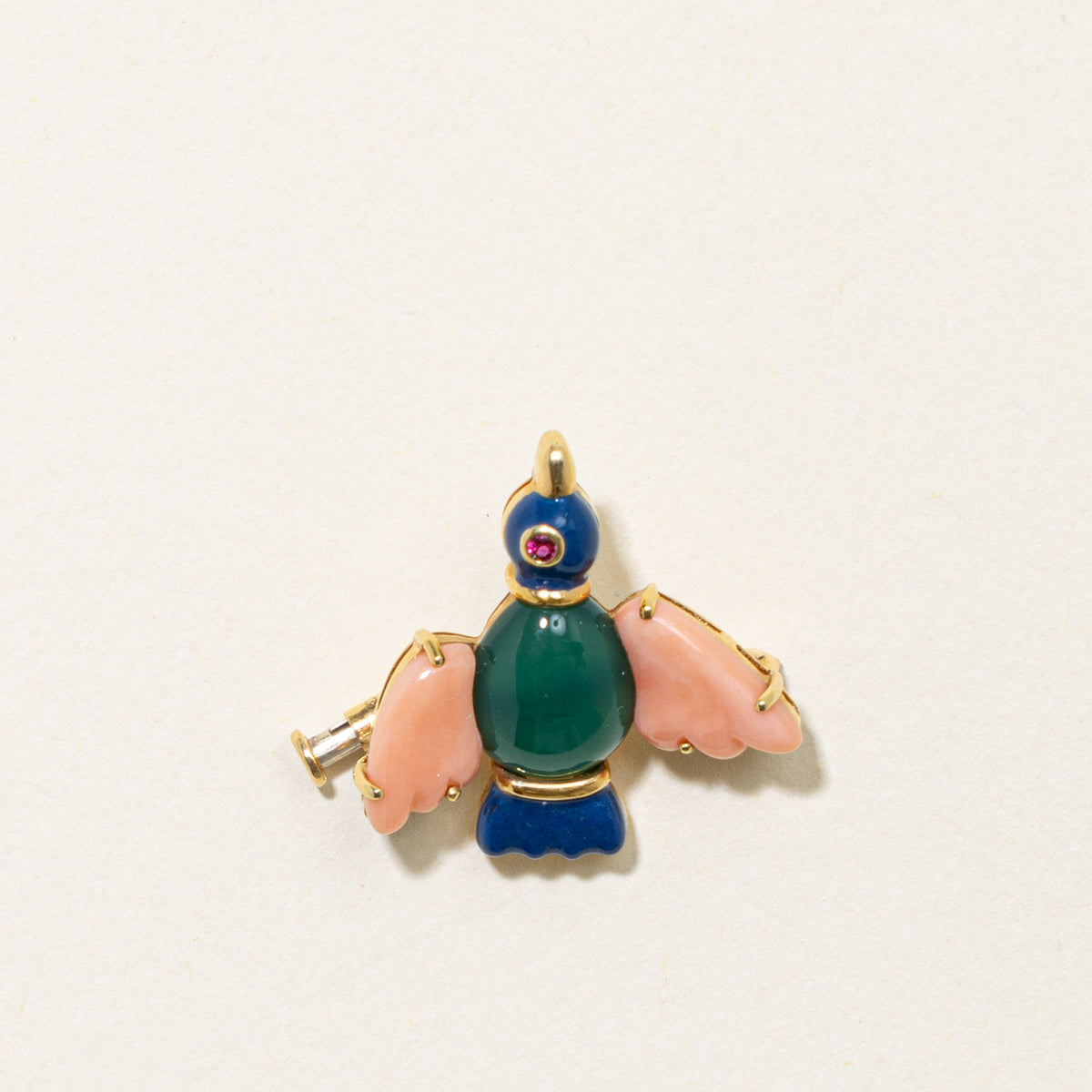 'Cartier' Vintage 1991 18k Chrysoprase, Enamel, Coral & Ruby Bird Brooch Pin | 3.11ctw
