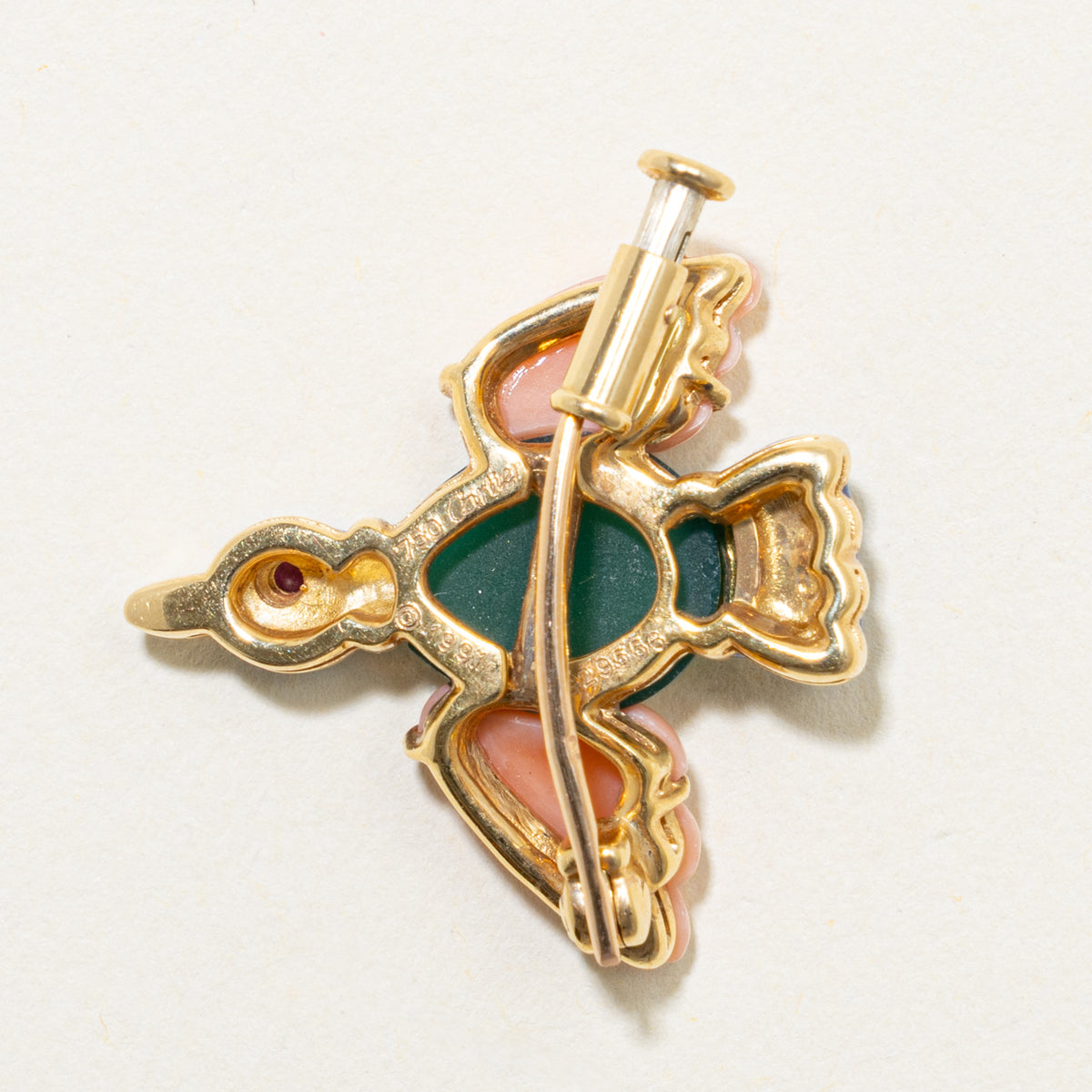 'Cartier' Vintage 1991 18k Chrysoprase, Enamel, Coral & Ruby Bird Brooch Pin | 3.11ctw