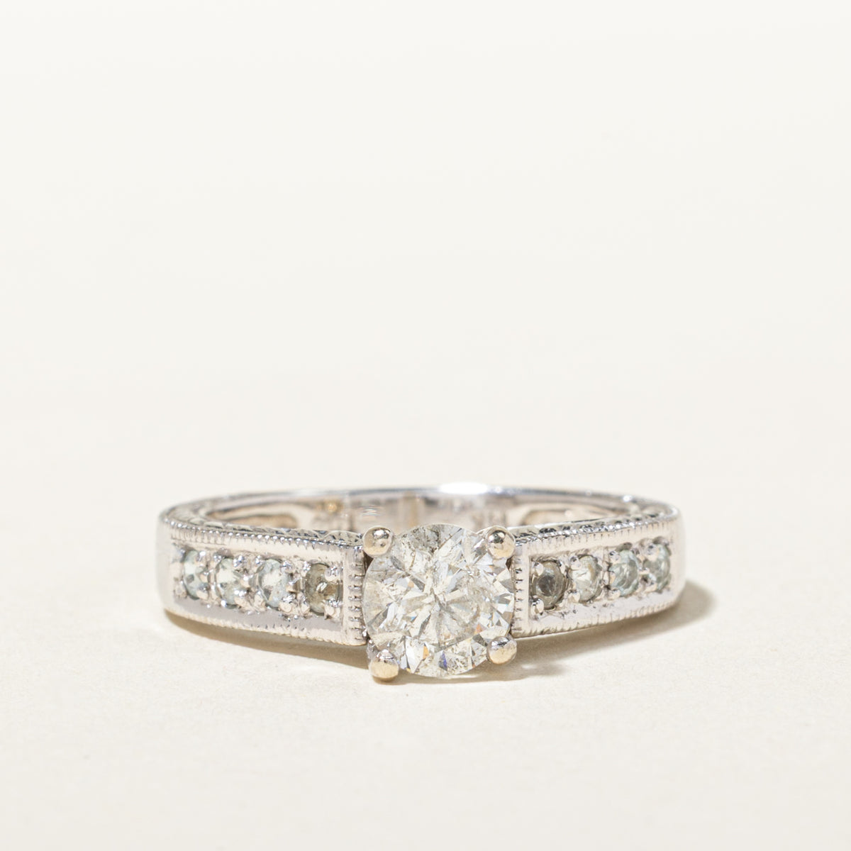 14k Diamond & Aquamarine Accented Milgrain Ring | 0.90ct I2 H/I, 0.16ctw | SZ 6.5