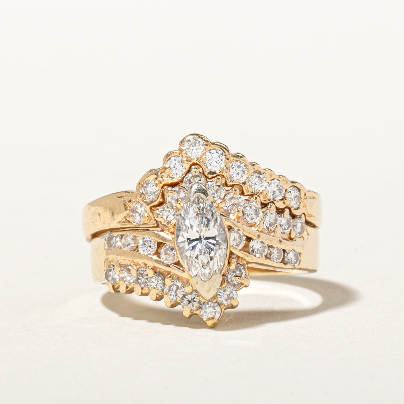 14k Marquise Cut Diamond Ornate Soldered Wedding Ring Set | 0.48ct SI2 E/F, 0.79ctw | SZ 6.25
