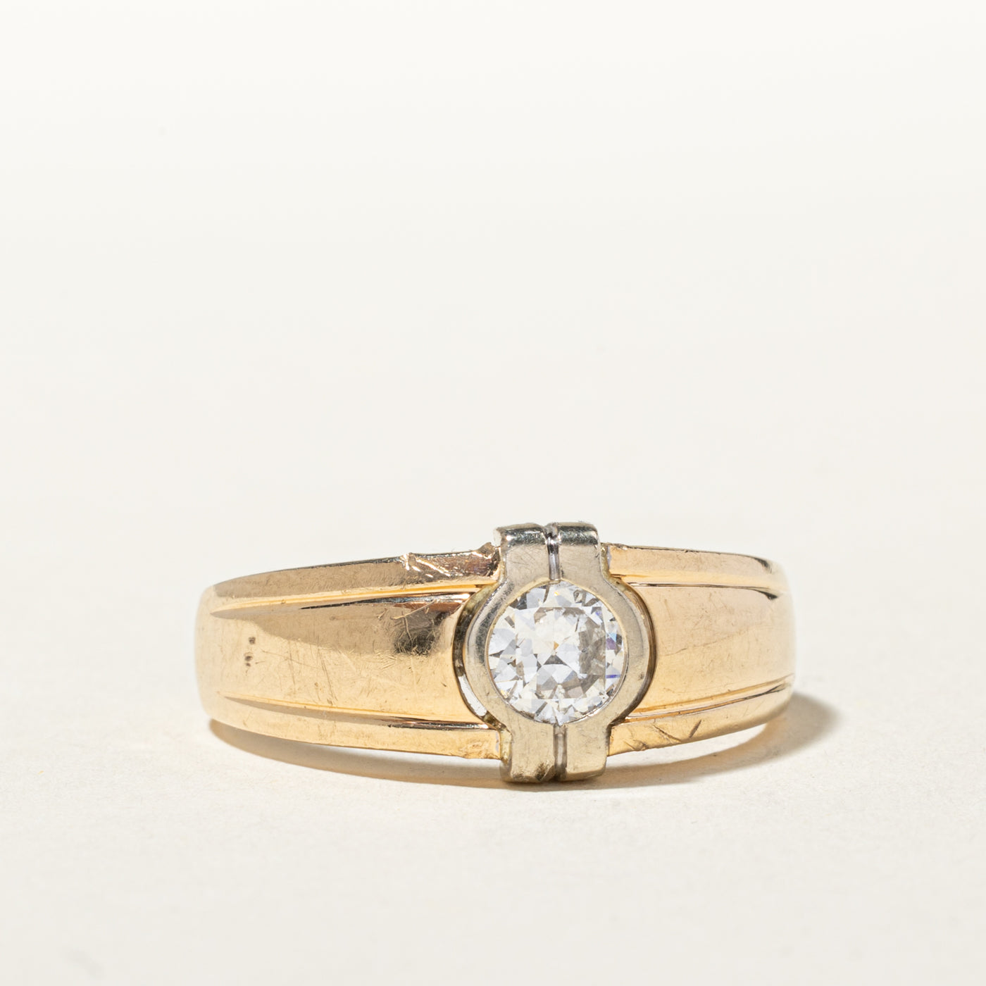 14k Bezel Set Old European Cut Diamond Grooved Ring | 0.59ct SI1 G/H | SZ 12