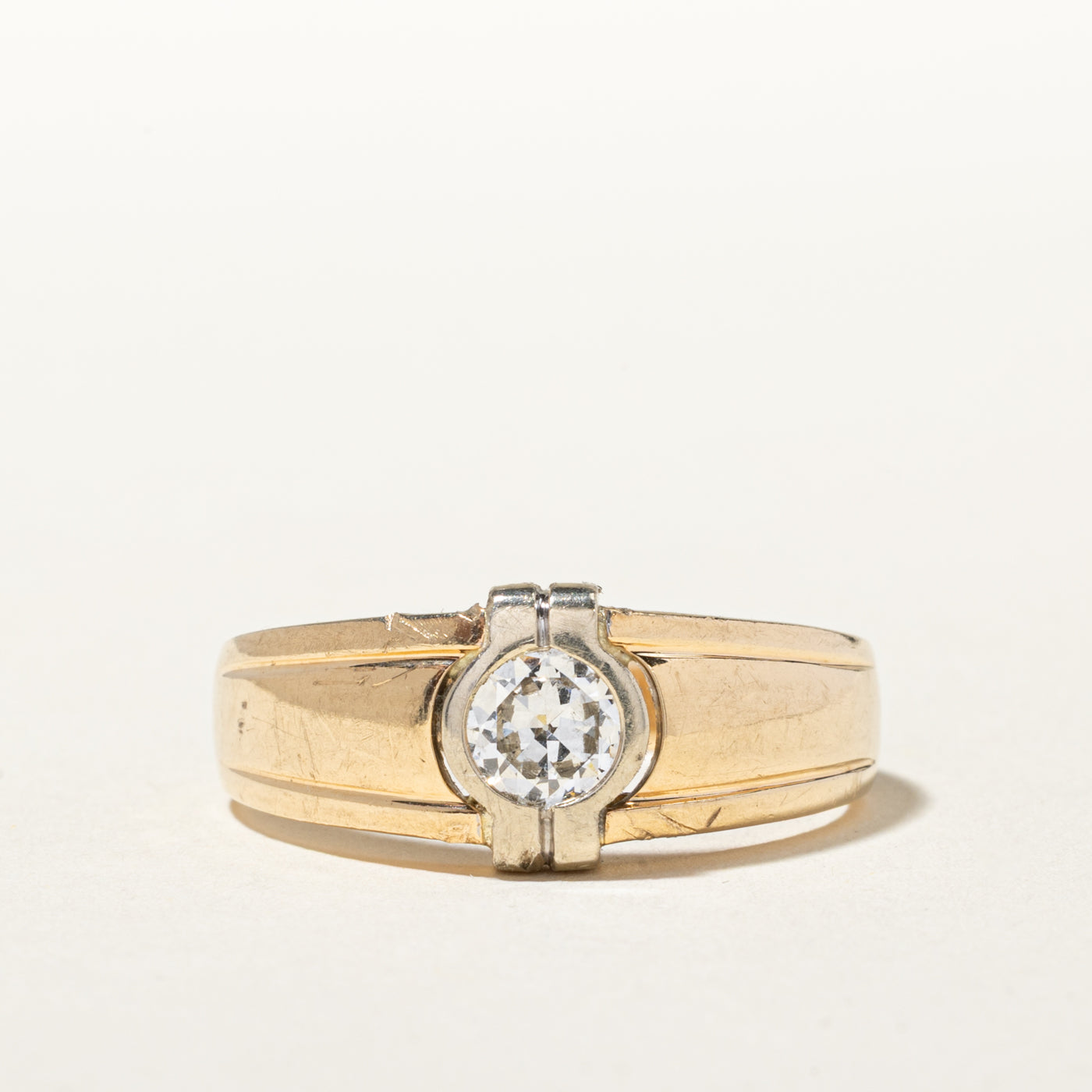 14k Bezel Set Old European Cut Diamond Grooved Ring | 0.59ct SI1 G/H | SZ 12