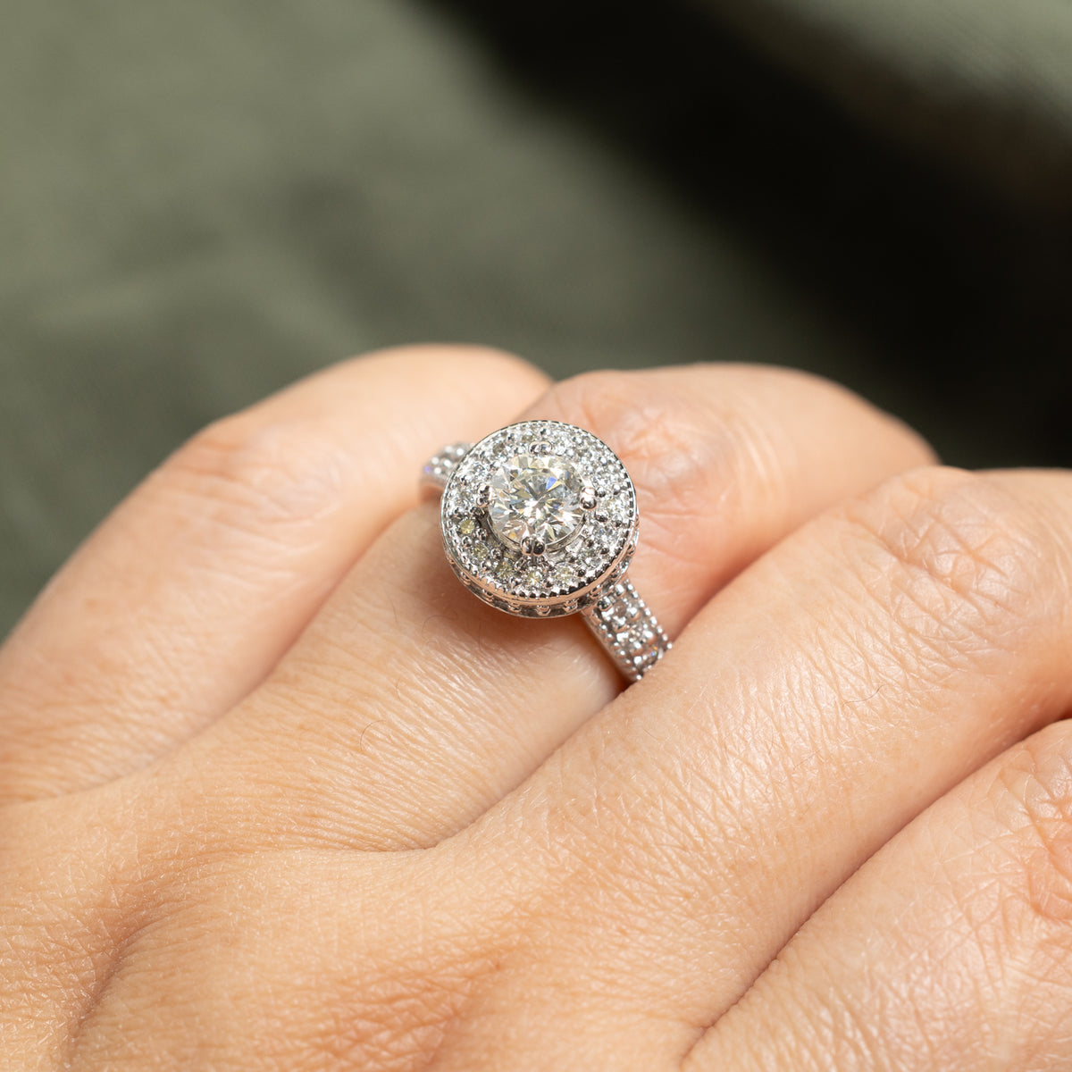 14k Pave Set Diamond Halo Milgrain Ring | 0.69ct SI1 G/H, 0.68ctw | SZ 6.25