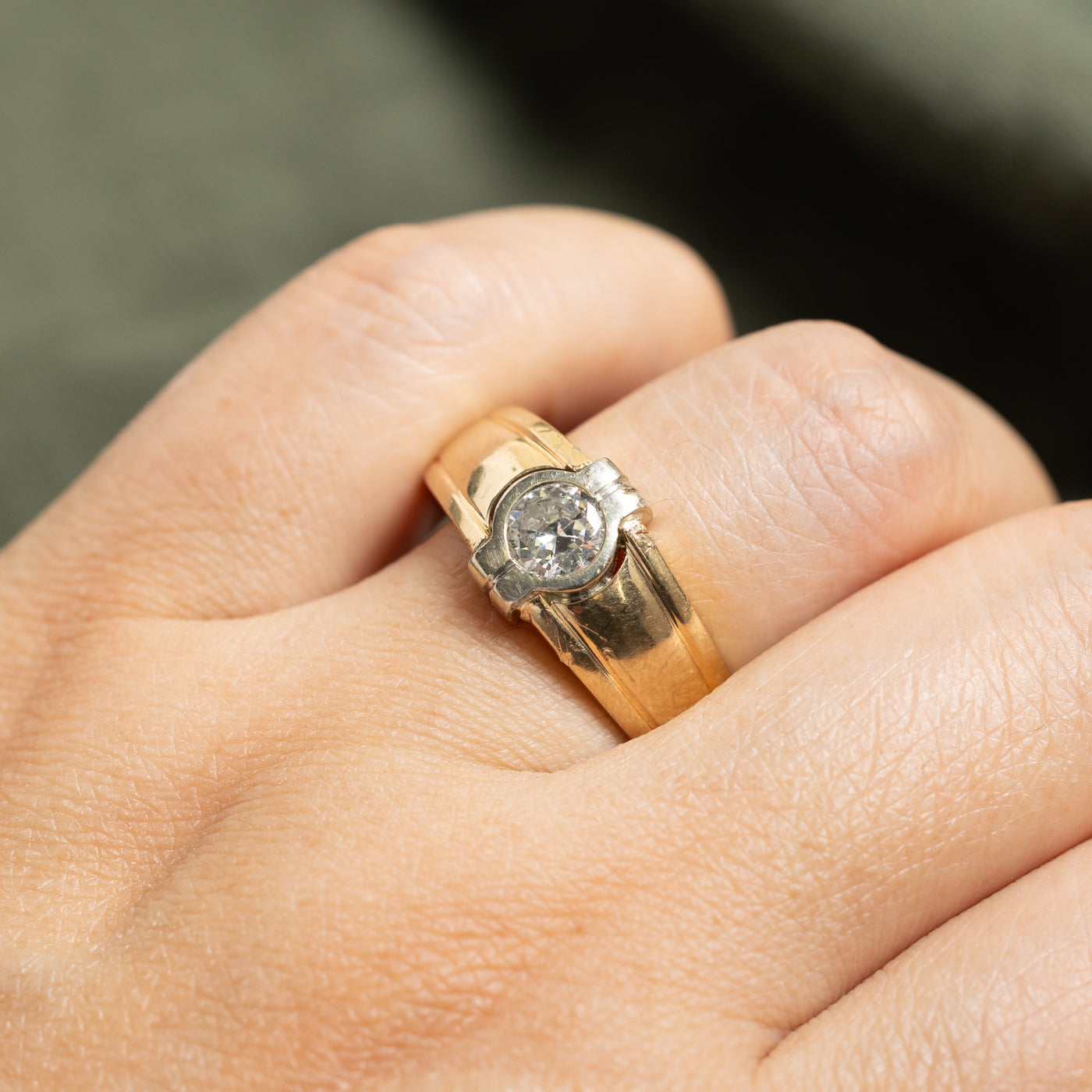14k Bezel Set Old European Cut Diamond Grooved Ring | 0.59ct SI1 G/H | SZ 12
