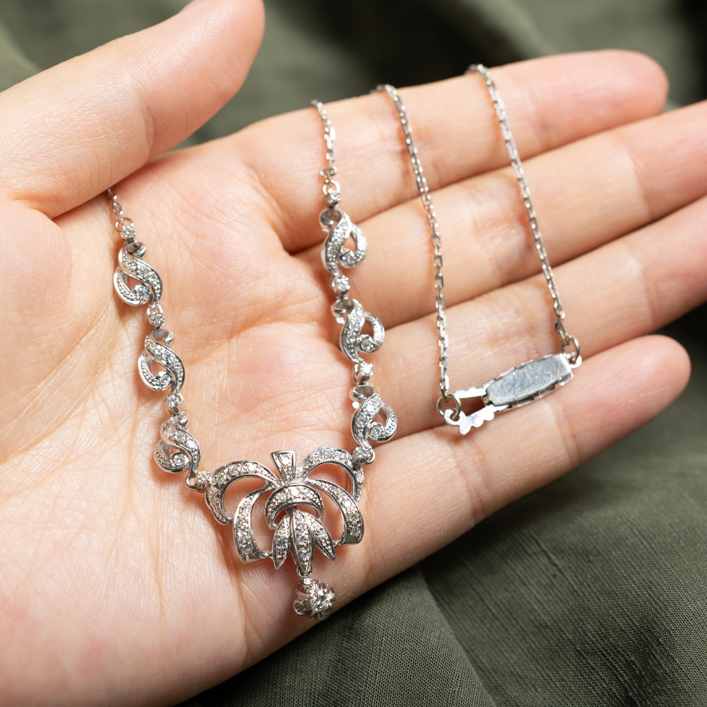 18k Pave Set Diamond Scrollwork Bow Pendant Necklace | 1.03ctw | 17.5"