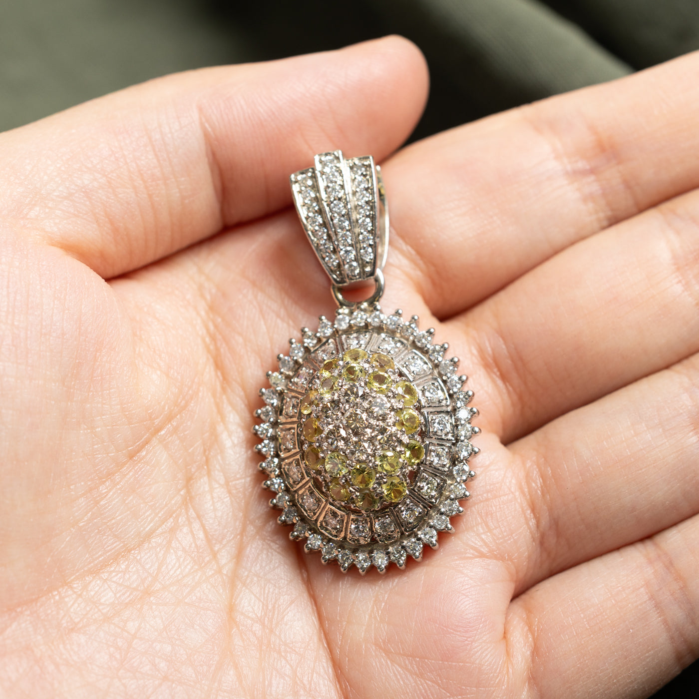 14k Pave Set Yellow Sapphire & Diamond Oval Cluster Pendant | 1.28ct, 2.11ctw